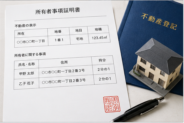 所有者事項証明書と住宅模型を並べたイメージ
