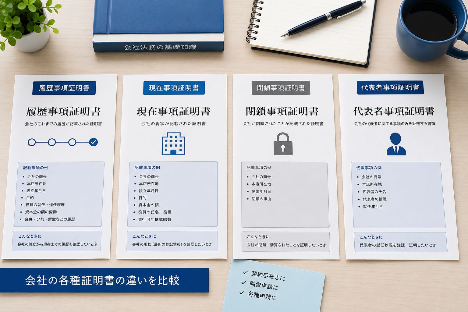 履歴事項証明書と現在事項証明書などを比較するイメージ