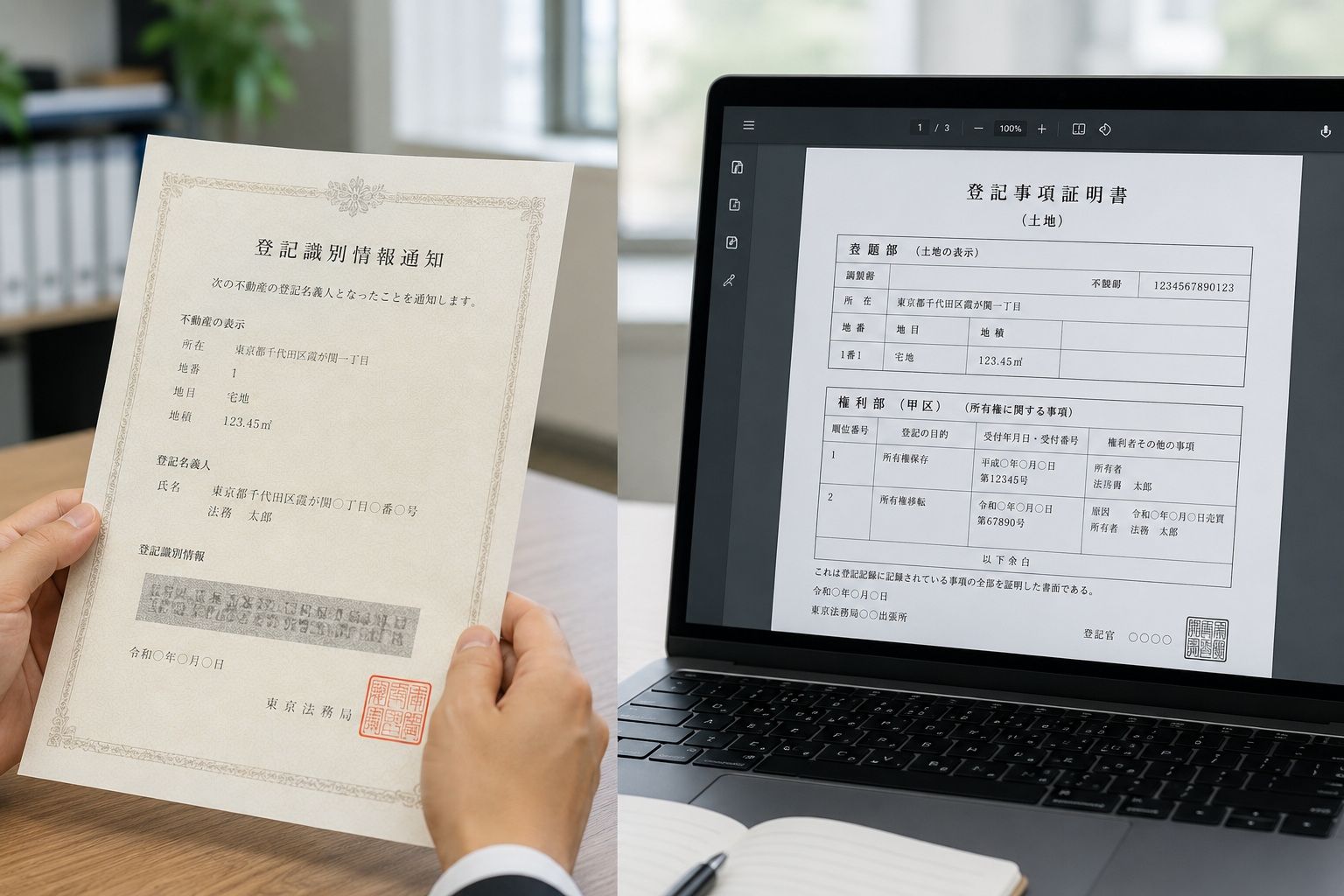 提出用の証明書と調査用の登記情報を比較するイメージ