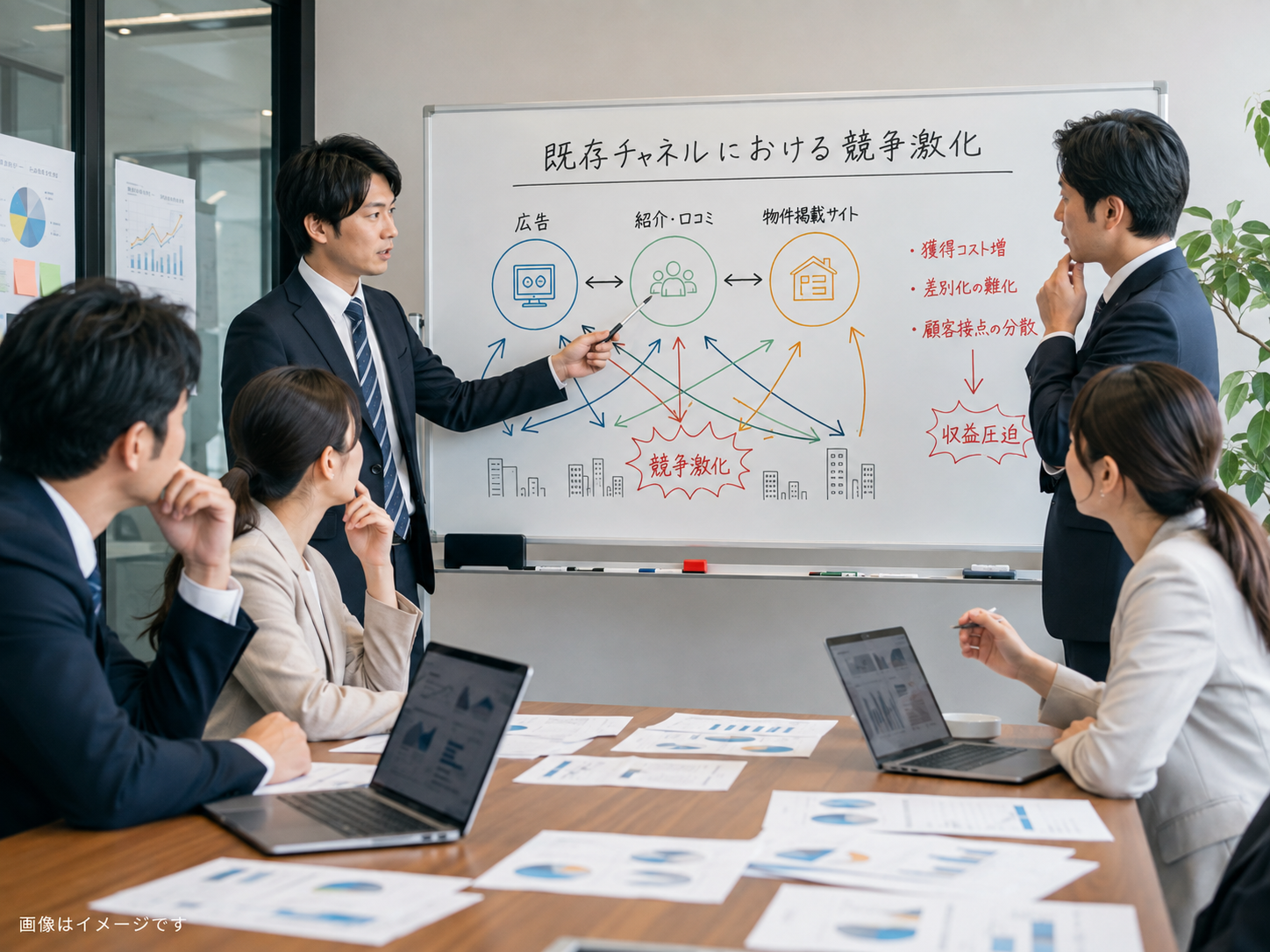 受付帳由来の仕入れ停止と既存チャネルの競争激化を示すイメージ