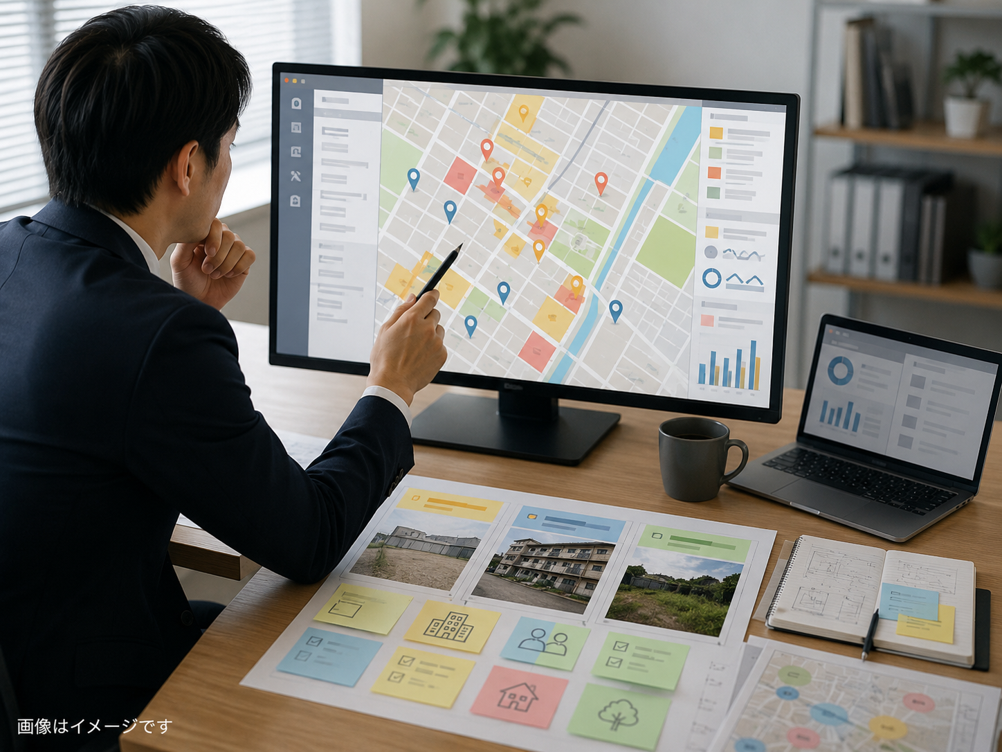相続登記起点から地図と物件条件による能動的な仕入れへ移行するイメージ