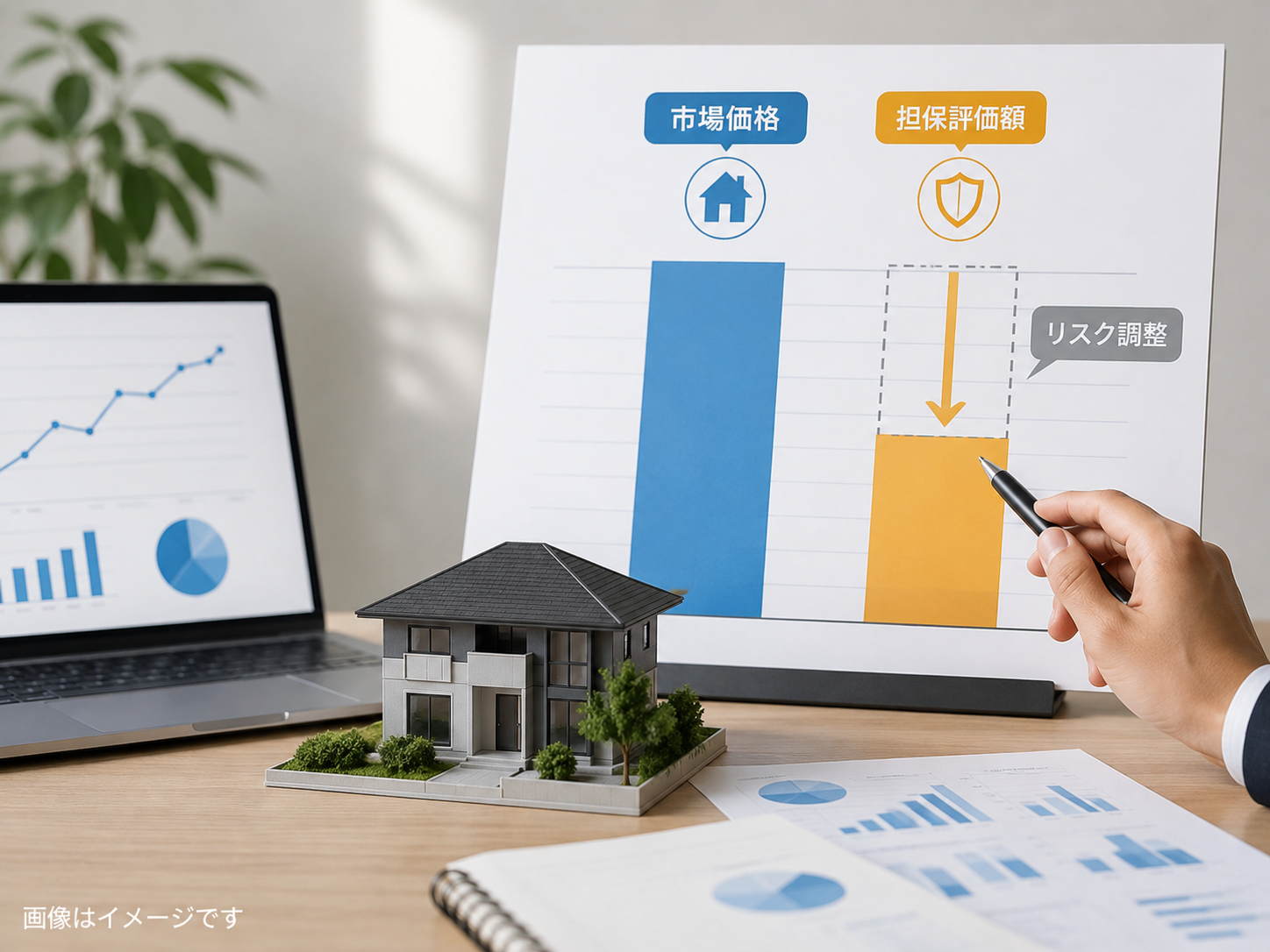 市場価格から掛け目を適用して担保評価額を算出するイメージ