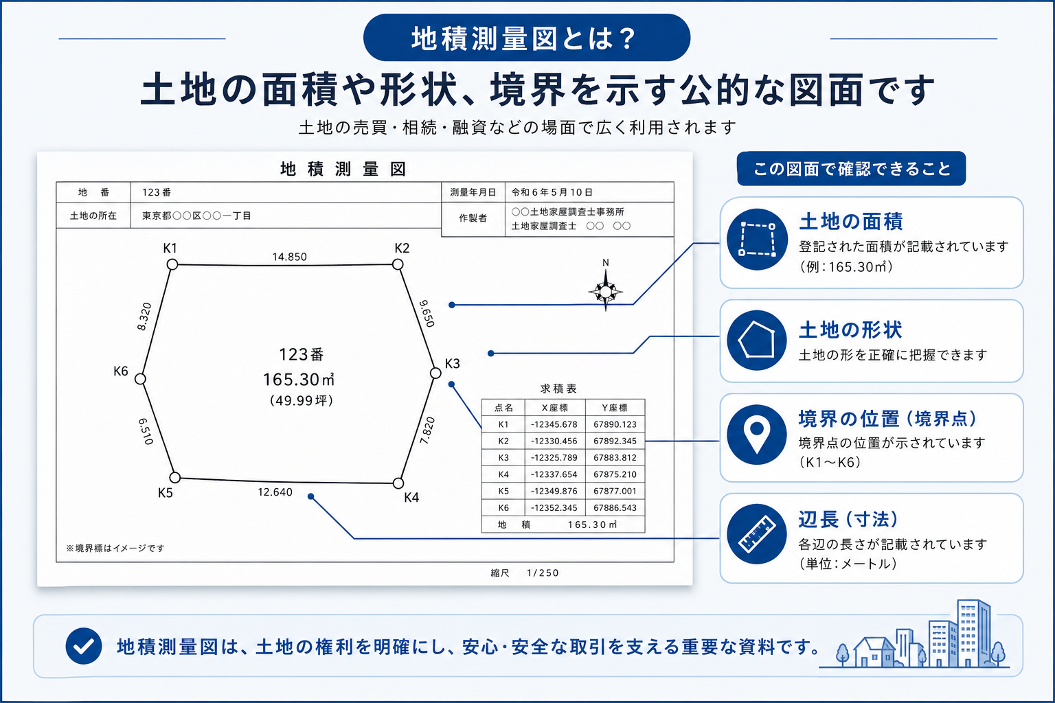 地積測量図に面積・境界点・辺長が記載されたイメージ