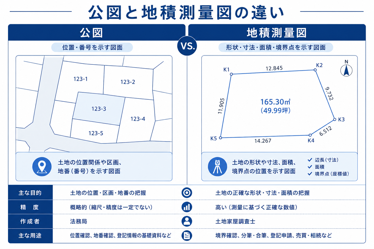 公図と地積測量図を並べて比較するイメージ