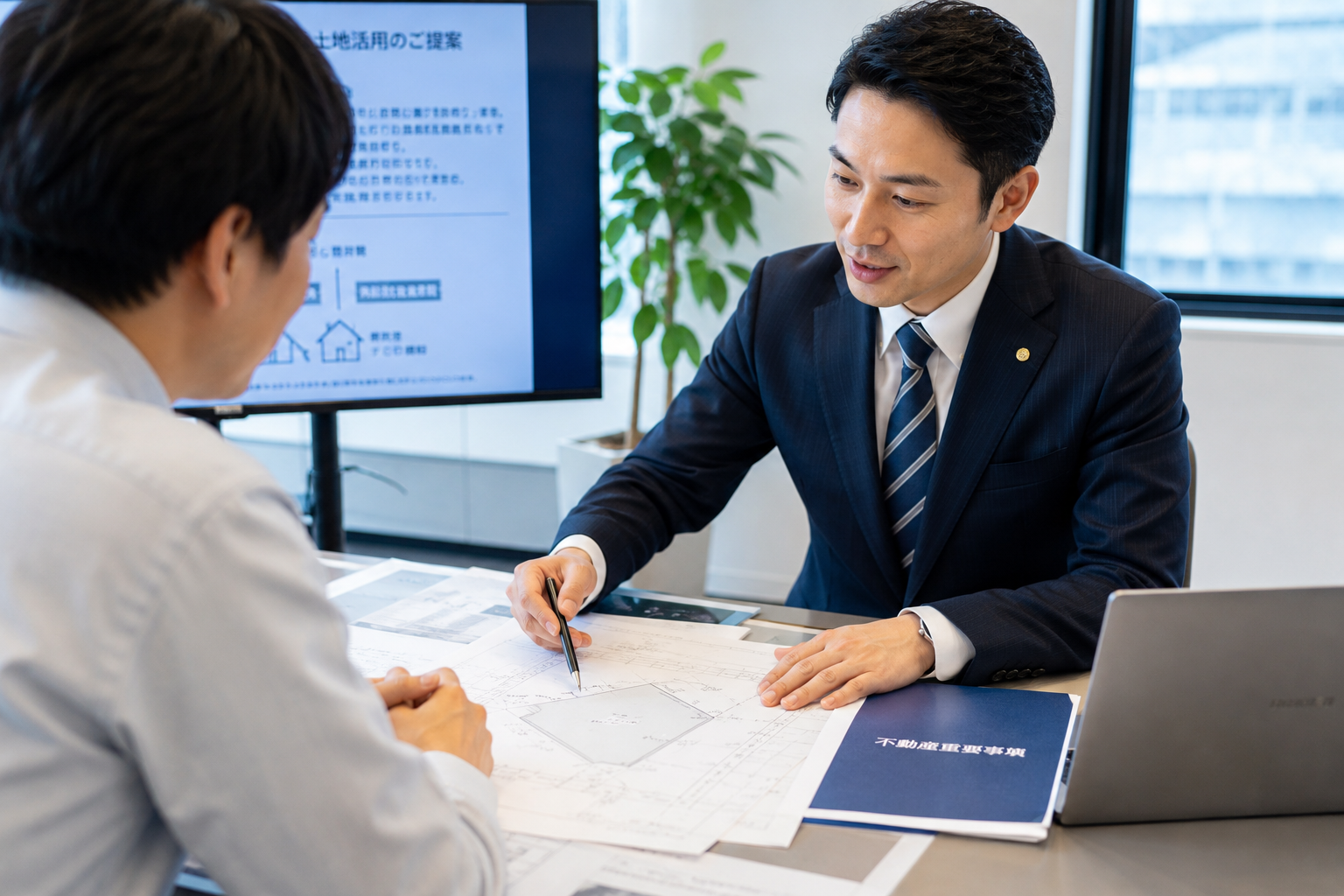 地積測量図を見ながら土地活用や担保評価を検討するイメージ