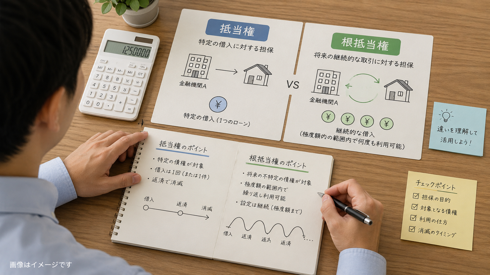 1件の融資を担保する抵当権と継続取引を担保する根抵当権を比較するイメージ