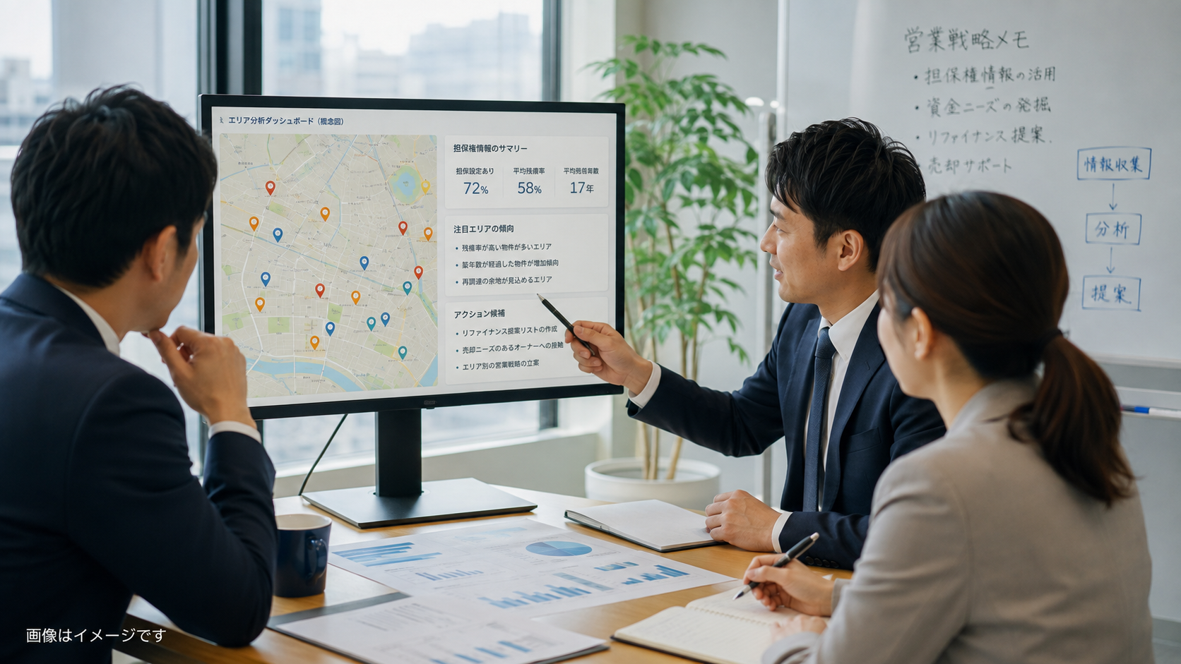 地図上の抵当権・根抵当権情報から借換えや融資候補を分析するイメージ