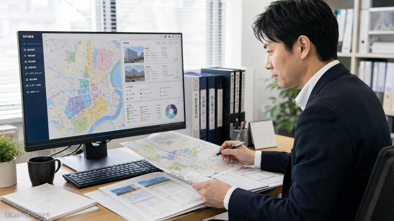 地図・登記・用途地域・物件調査資料をまとめて確認するイメージ