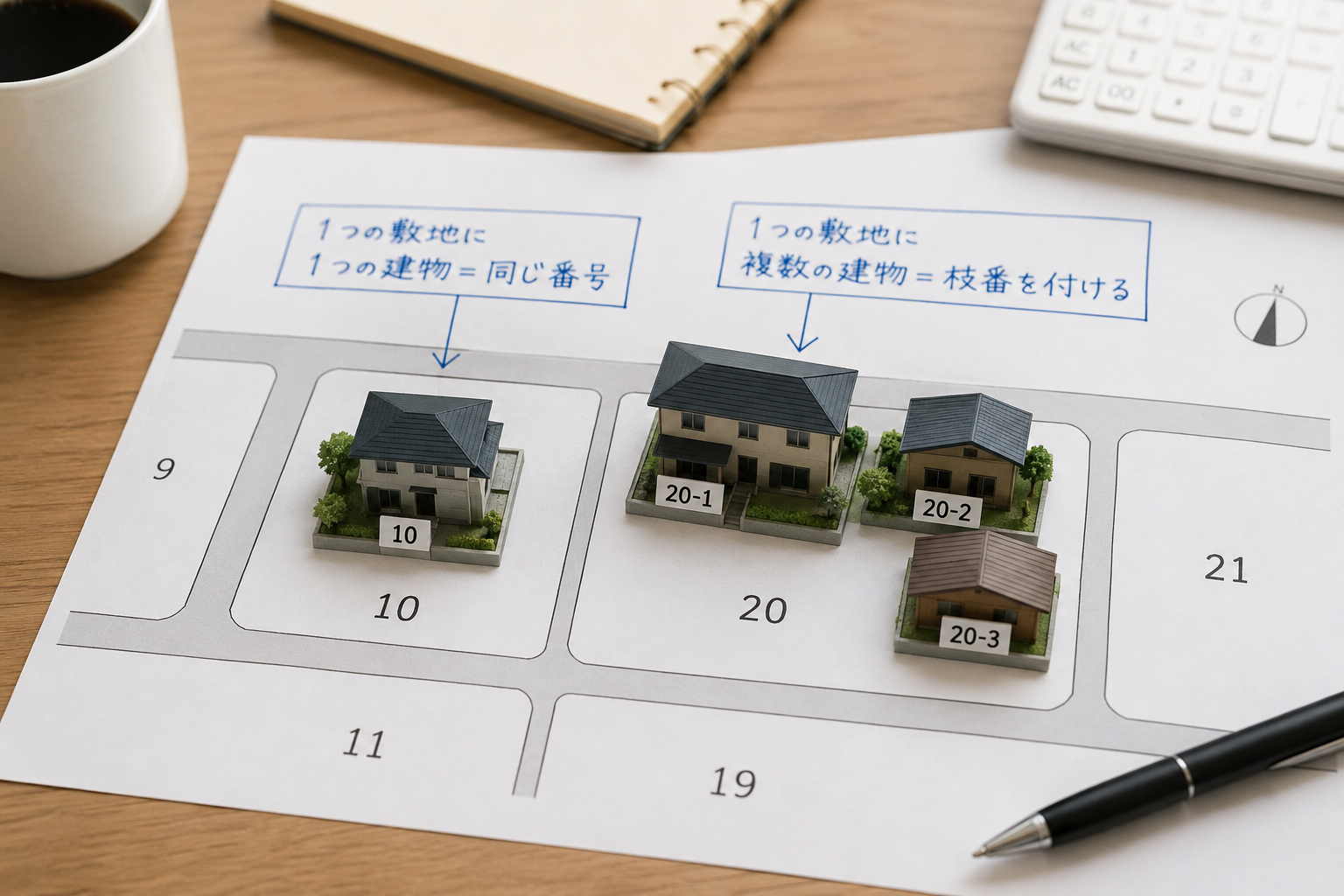 地番と建物数に応じて家屋番号や支号が付く仕組みを示すイメージ