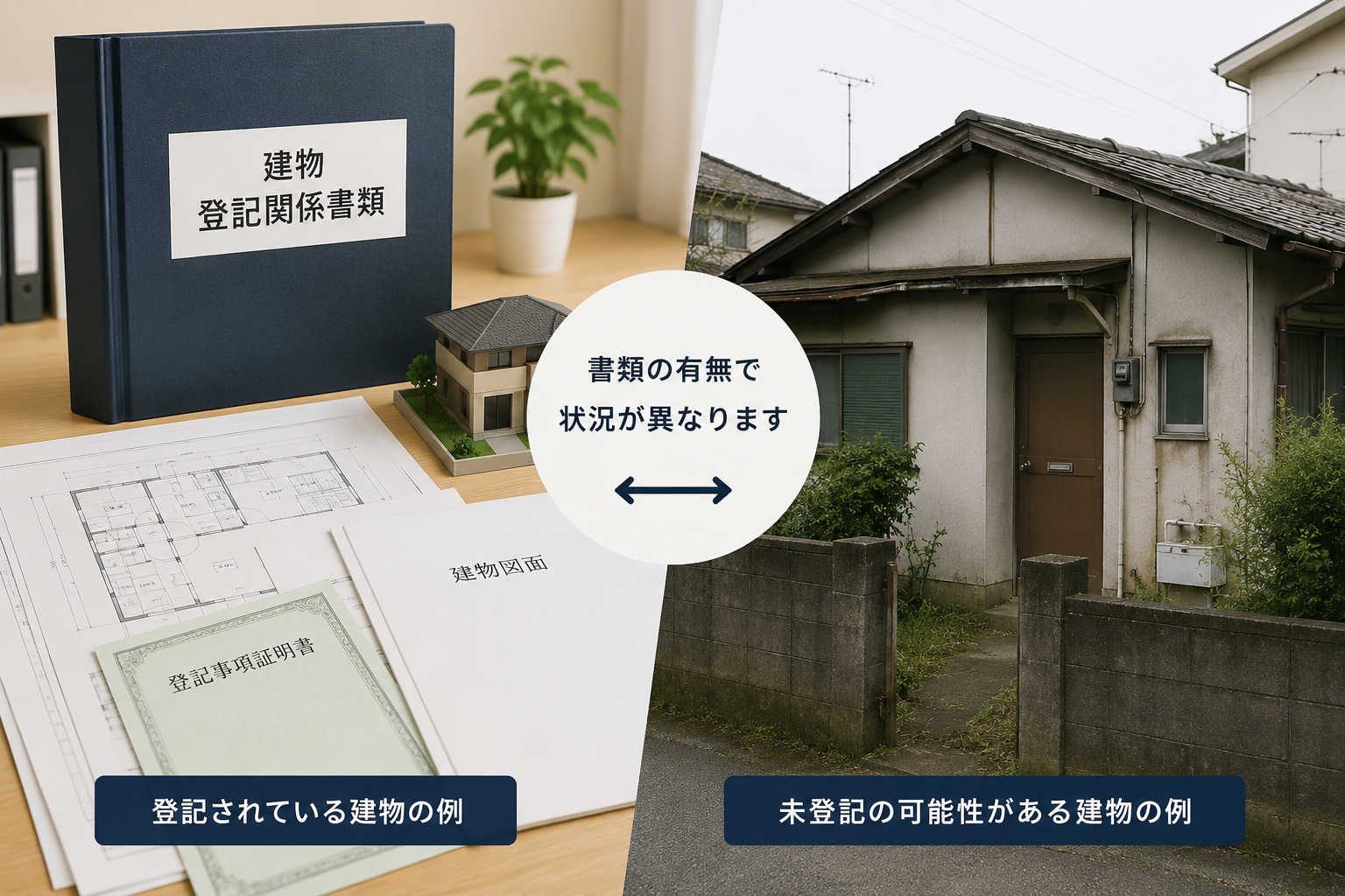 現地に建物がある一方で登記資料に家屋番号がない未登記建物の確認イメージ