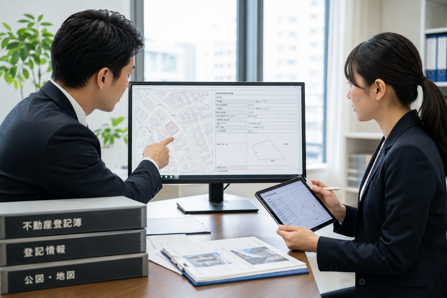 地図上の建物から家屋番号・所有者・登記情報を確認する不動産調査のイメージ