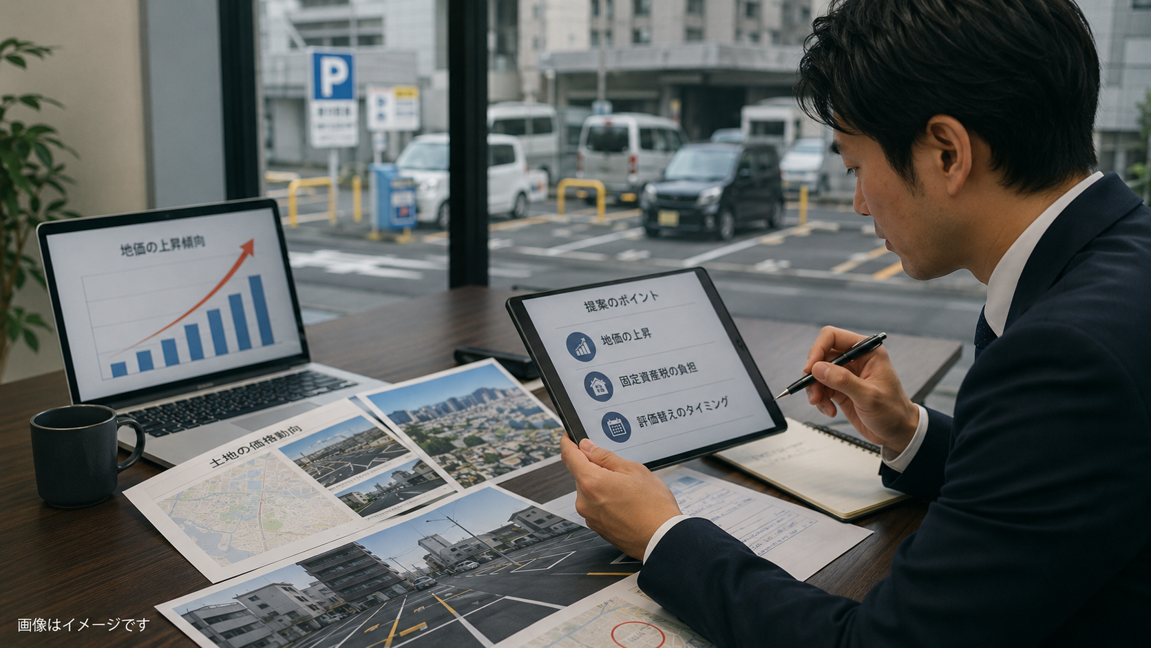 固定資産税評価替えと地価上昇を踏まえて駐車場売却のタイミングを検討するイメージ