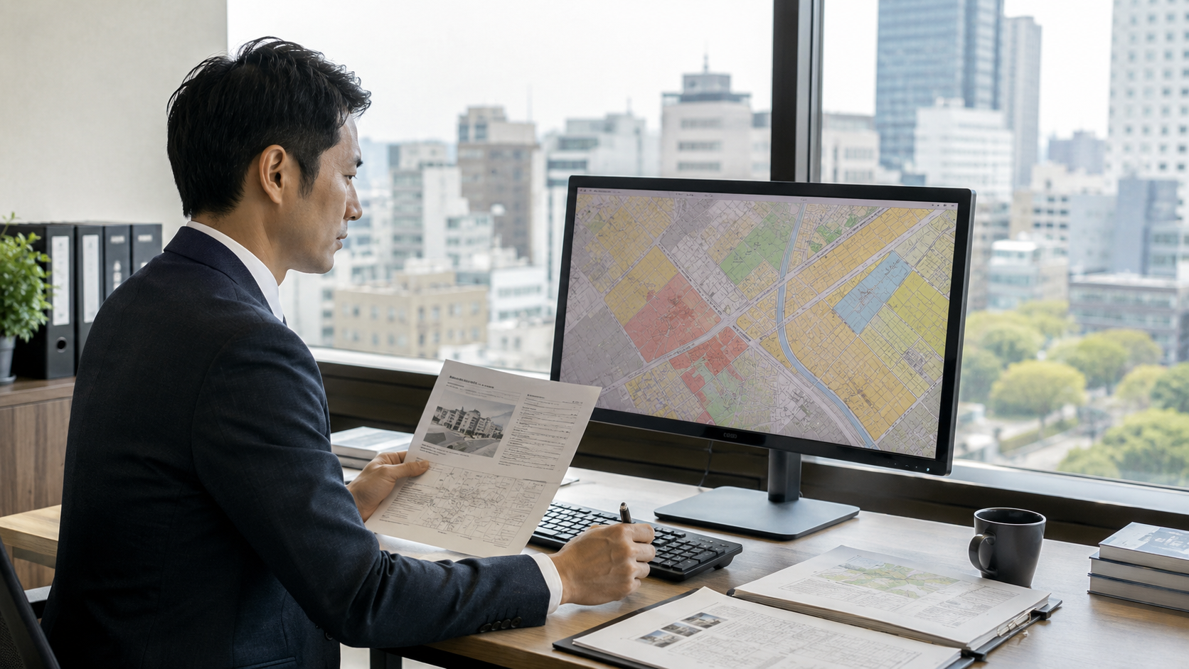 都市計画図・登記情報・公図・現地写真を組み合わせて不動産調査を行うイメージ