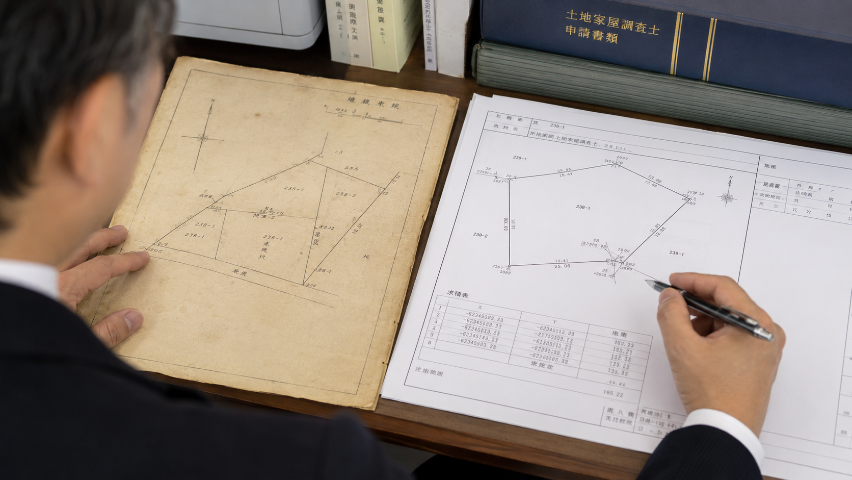 年代別に古い地積測量図と新しい座標付き地積測量図を比較するイメージ