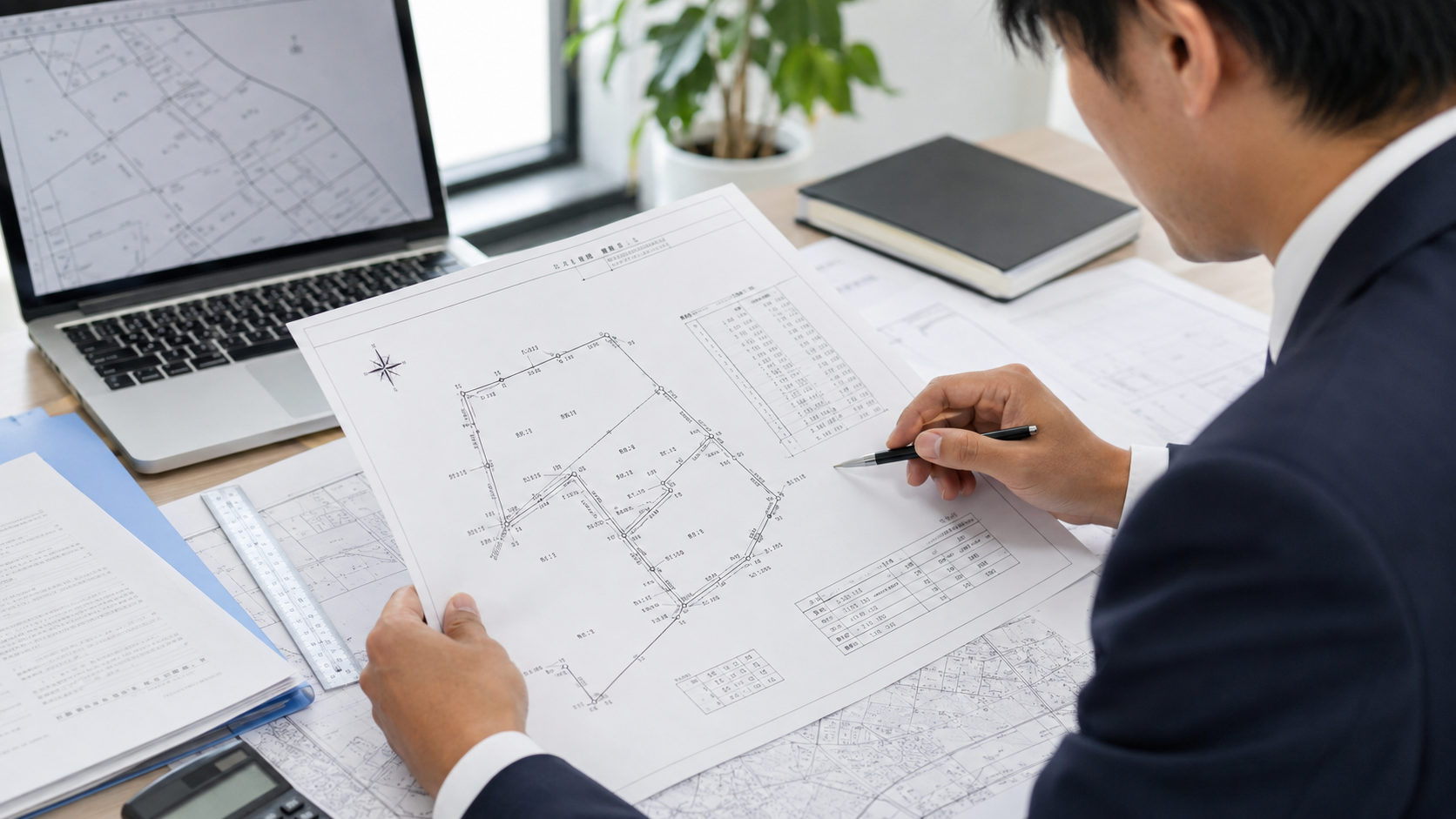 不動産担当者が地積測量図を確認しながら土地調査を行うイメージ