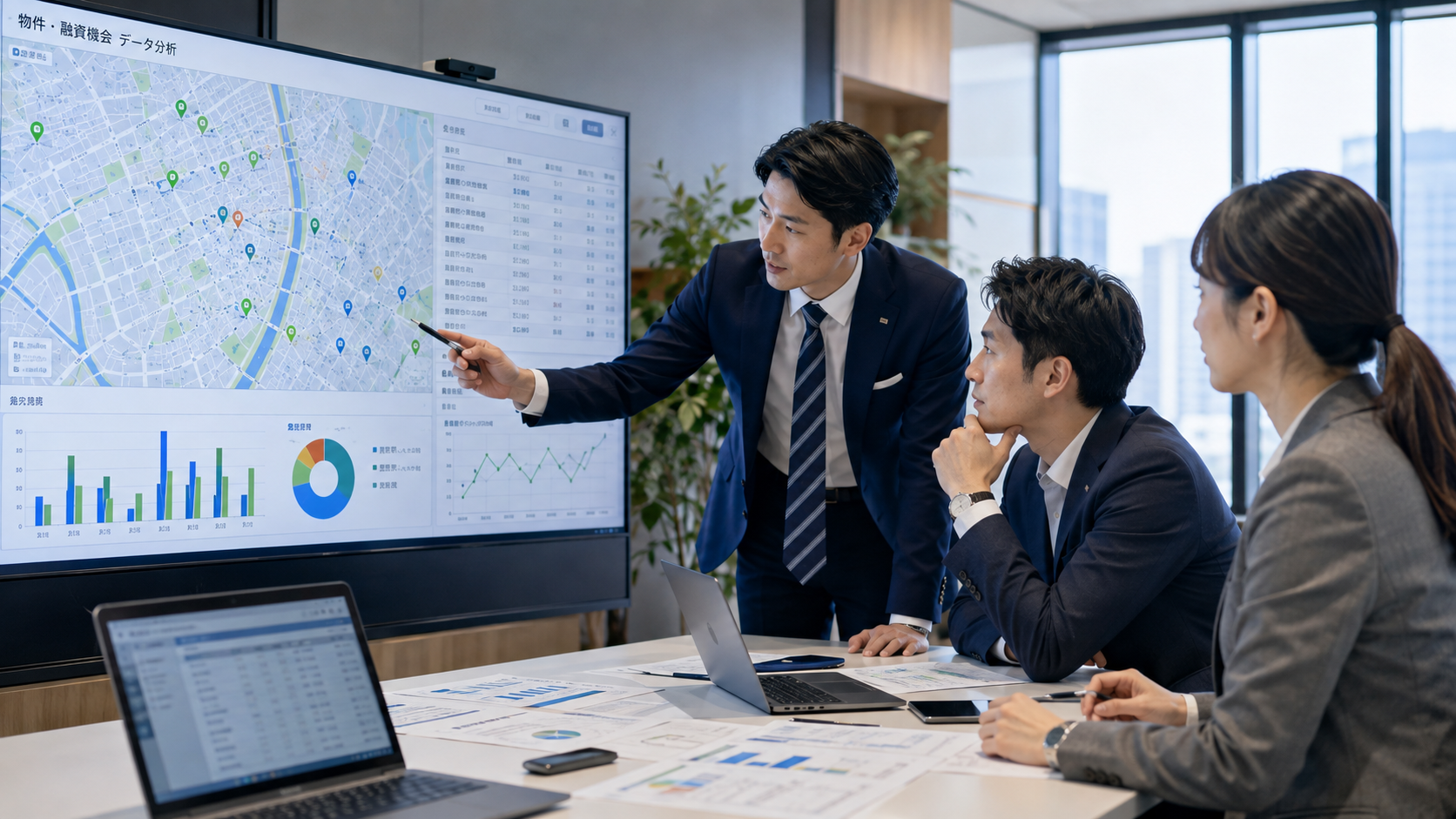 不動産チェッカーで地図から候補物件を抽出し登記情報と融資ランキングを確認するイメージ