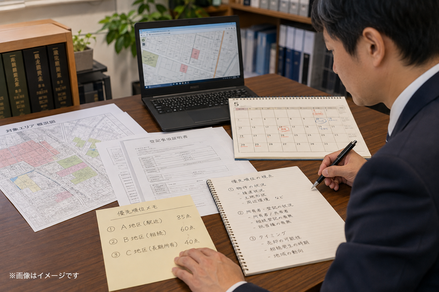 地図・土地条件・登記情報から地主営業の候補を絞り込む不動産データ活用イメージ