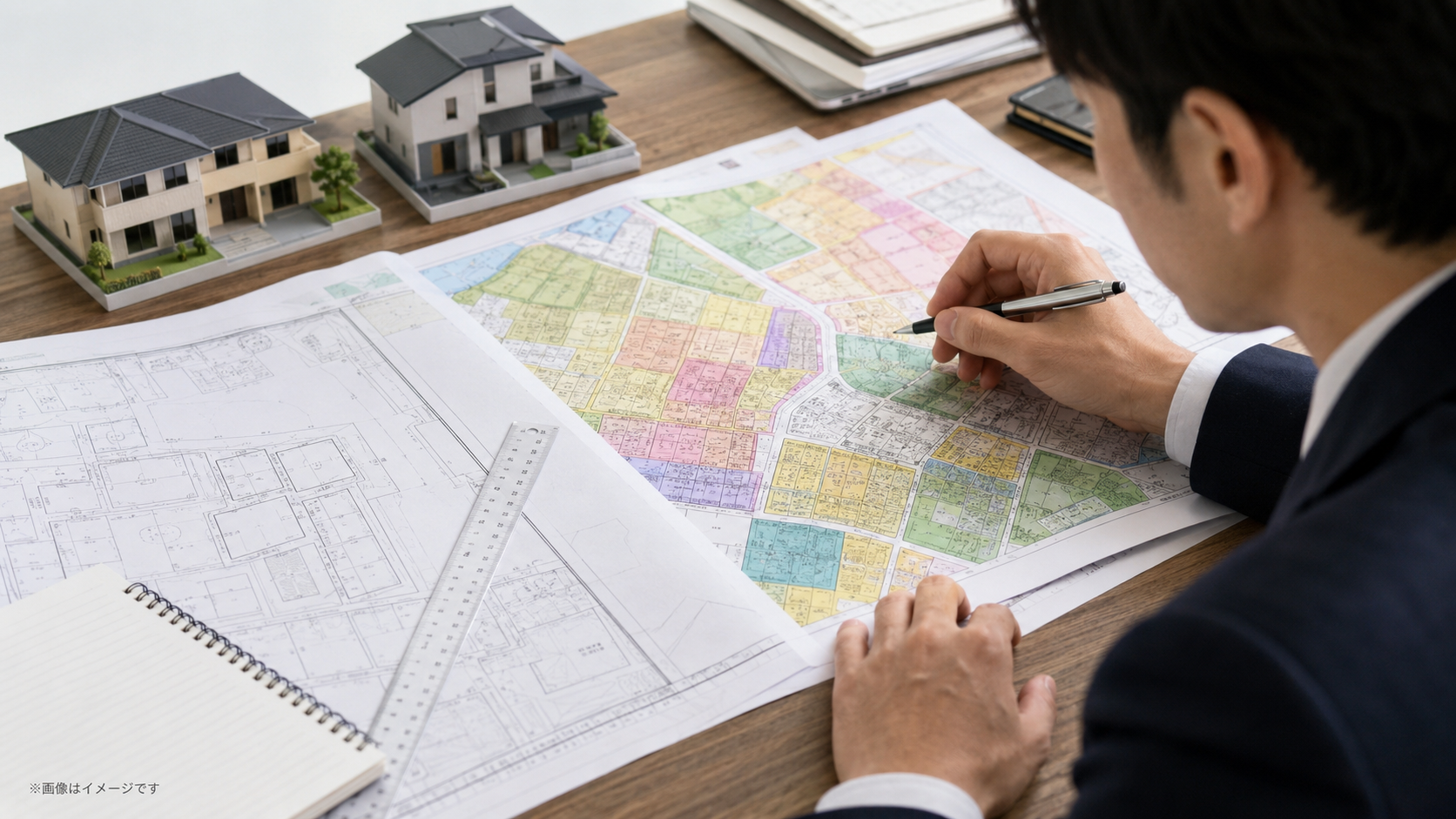 地図上で用途地域・土地面積・所有者・抵当権を確認して営業候補を絞り込むイメージ
