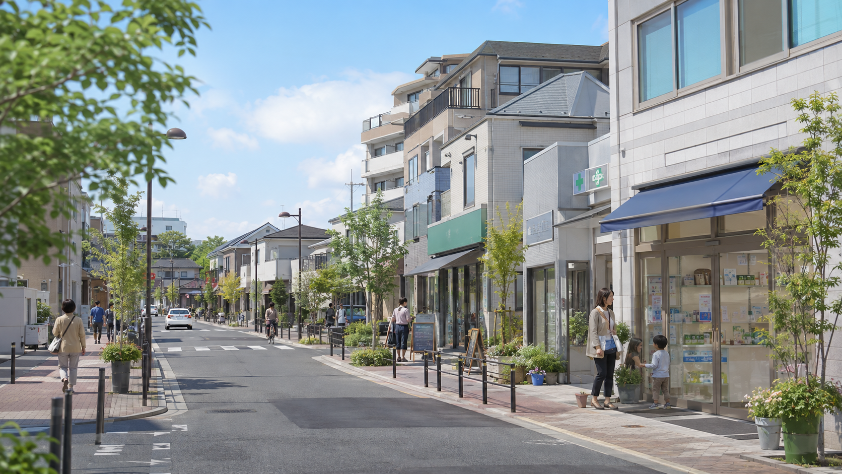 住宅地に隣接する近隣商業地域で店舗と住宅が混在する街並みのイメージ