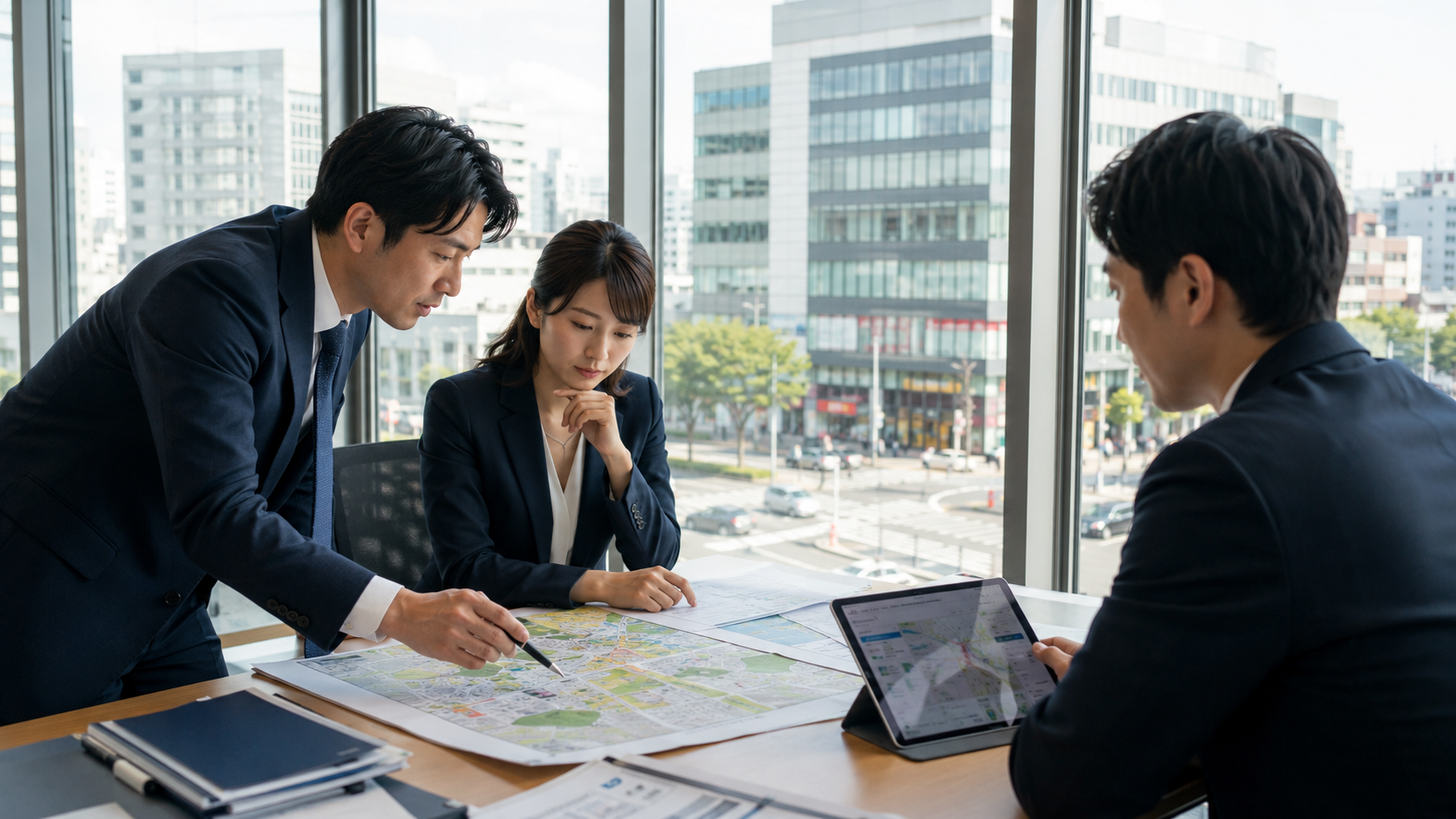 商業地域の土地を地図・用途地域・登記情報から営業候補として分析するイメージ