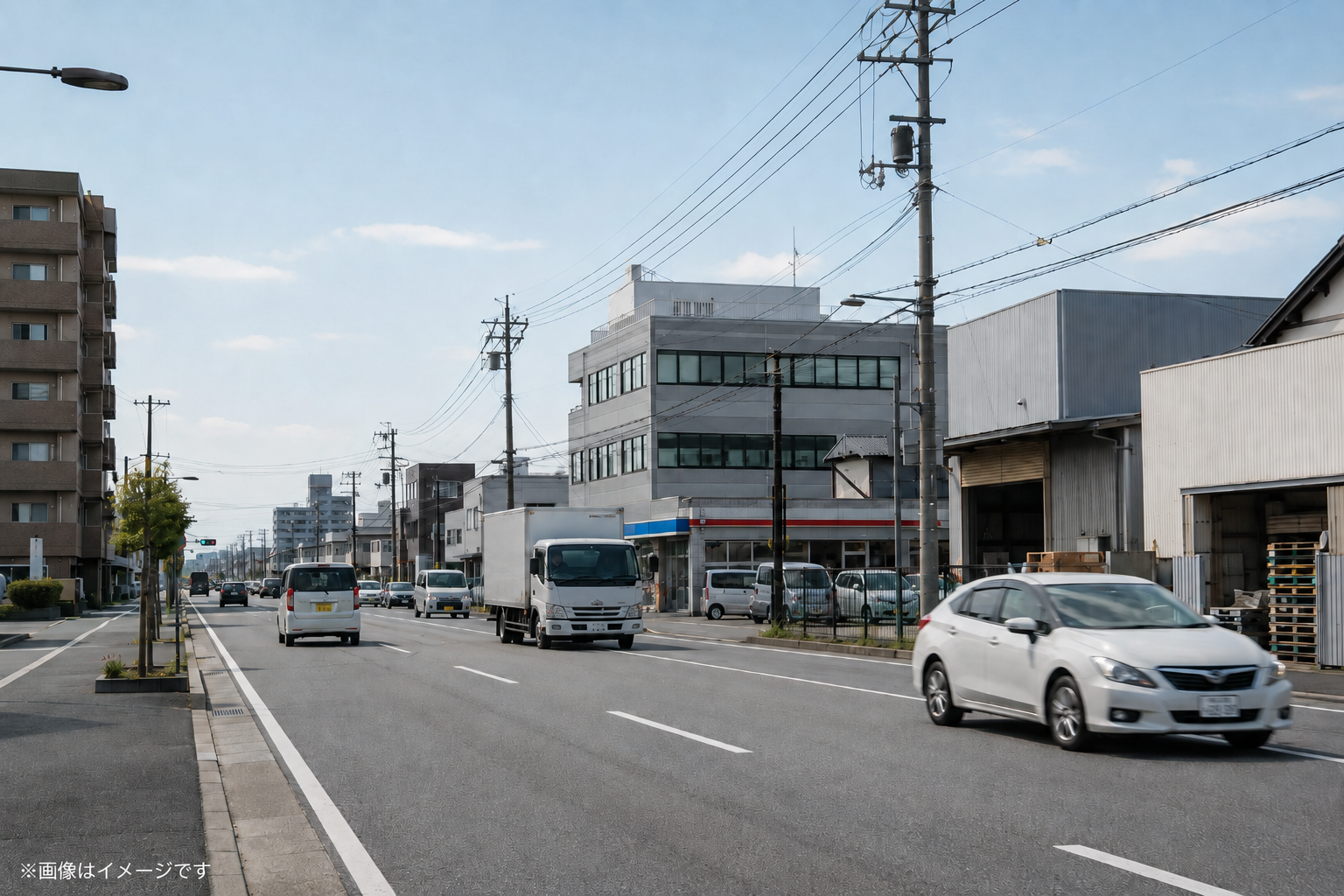 準工業地域の複合利用、工業地域の工場と住宅、工業専用地域の工場・物流施設を比較するイメージ