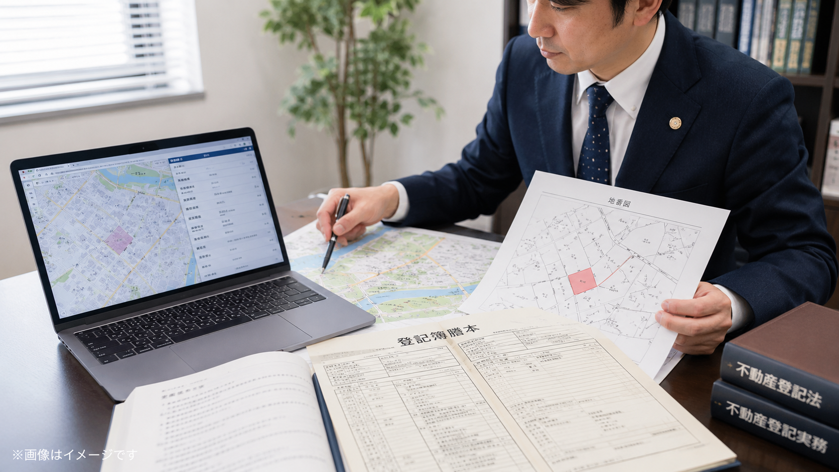 住所から地番を特定し登記情報で土地所有者を確認する調査フローのイメージ