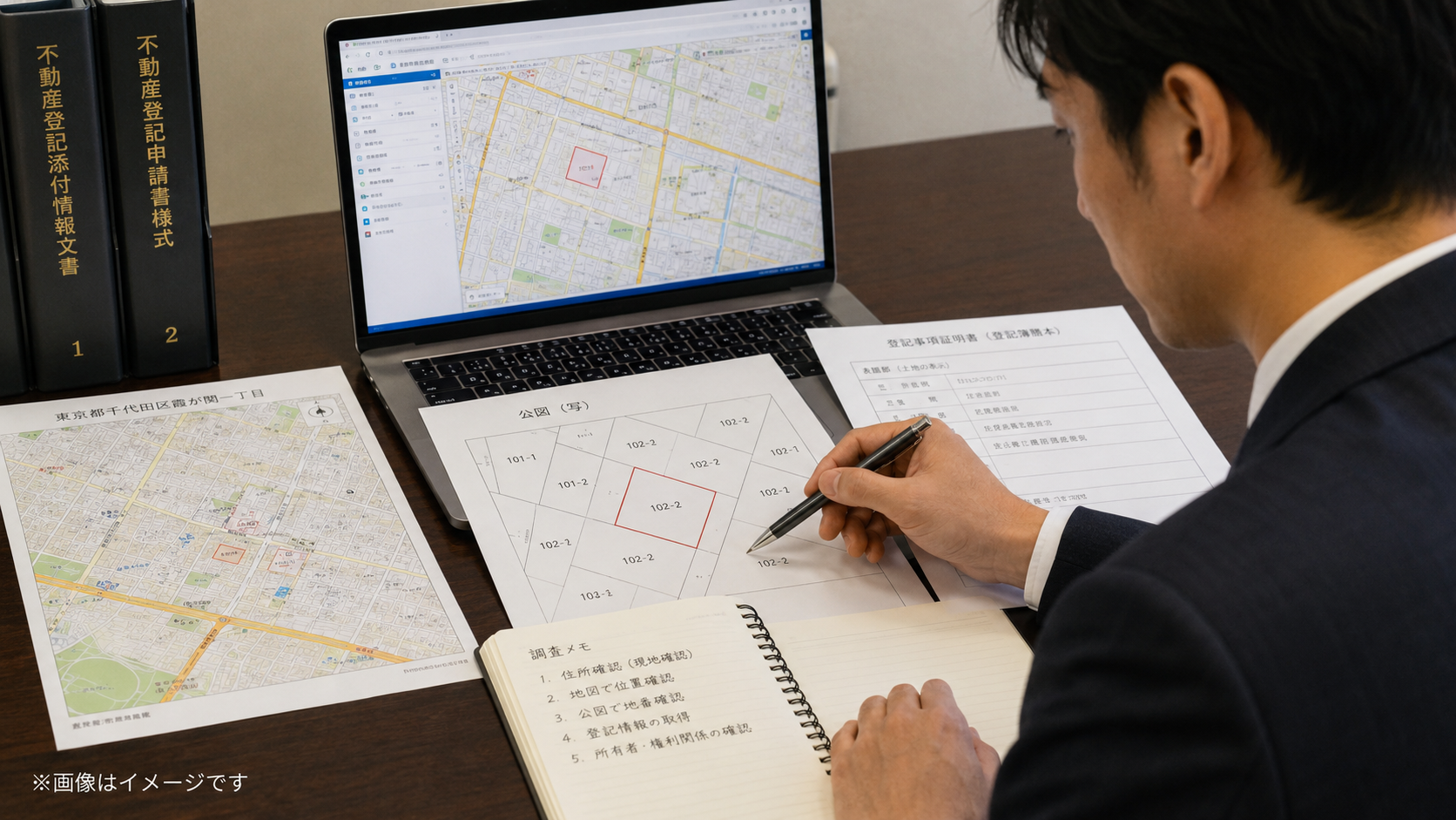 複数の土地について地番・所有者・登記情報を一覧化して営業候補を整理するイメージ