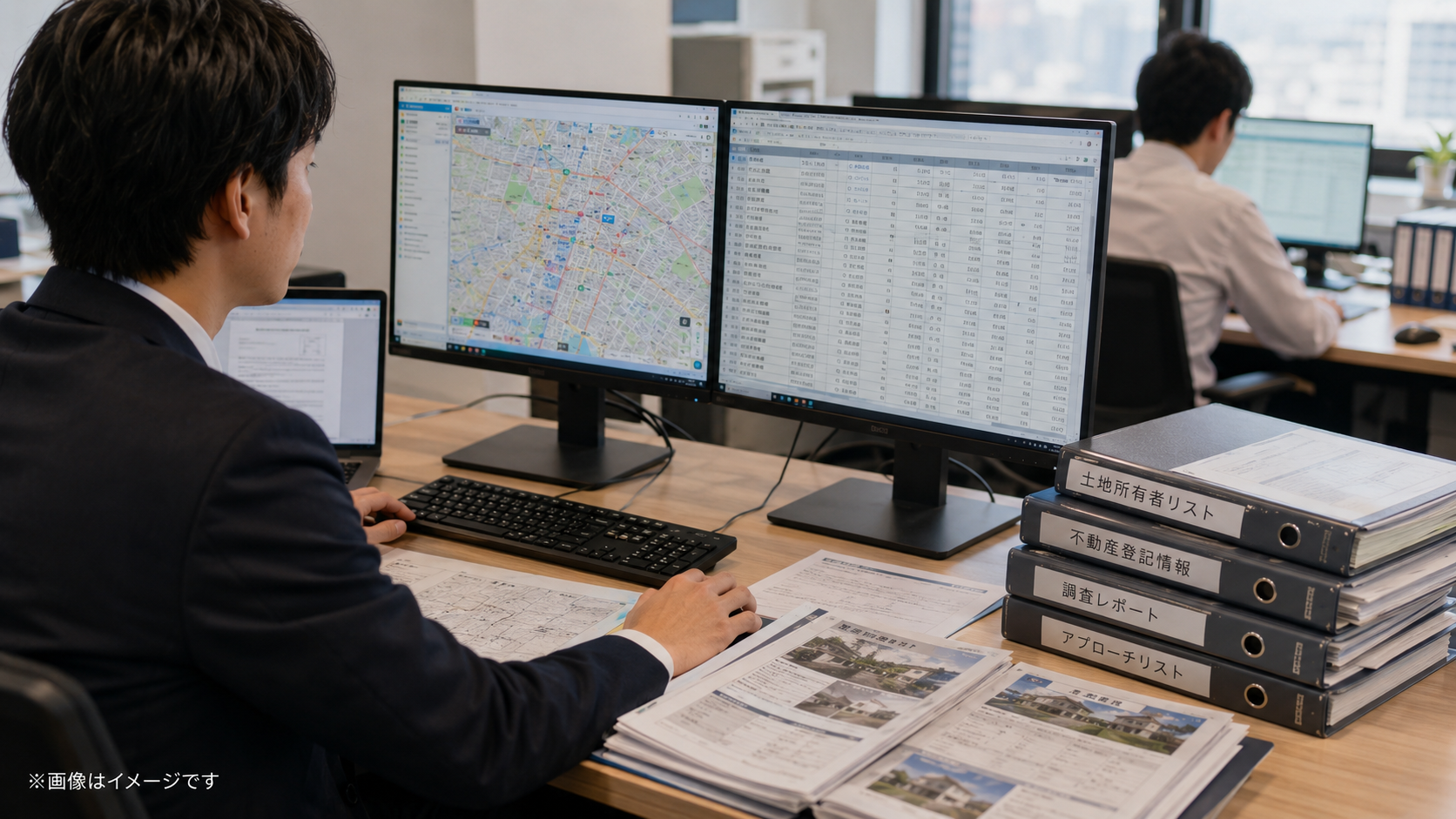 地図上で土地・地番・所有者・登記情報を確認して営業候補を絞り込むイメージ
