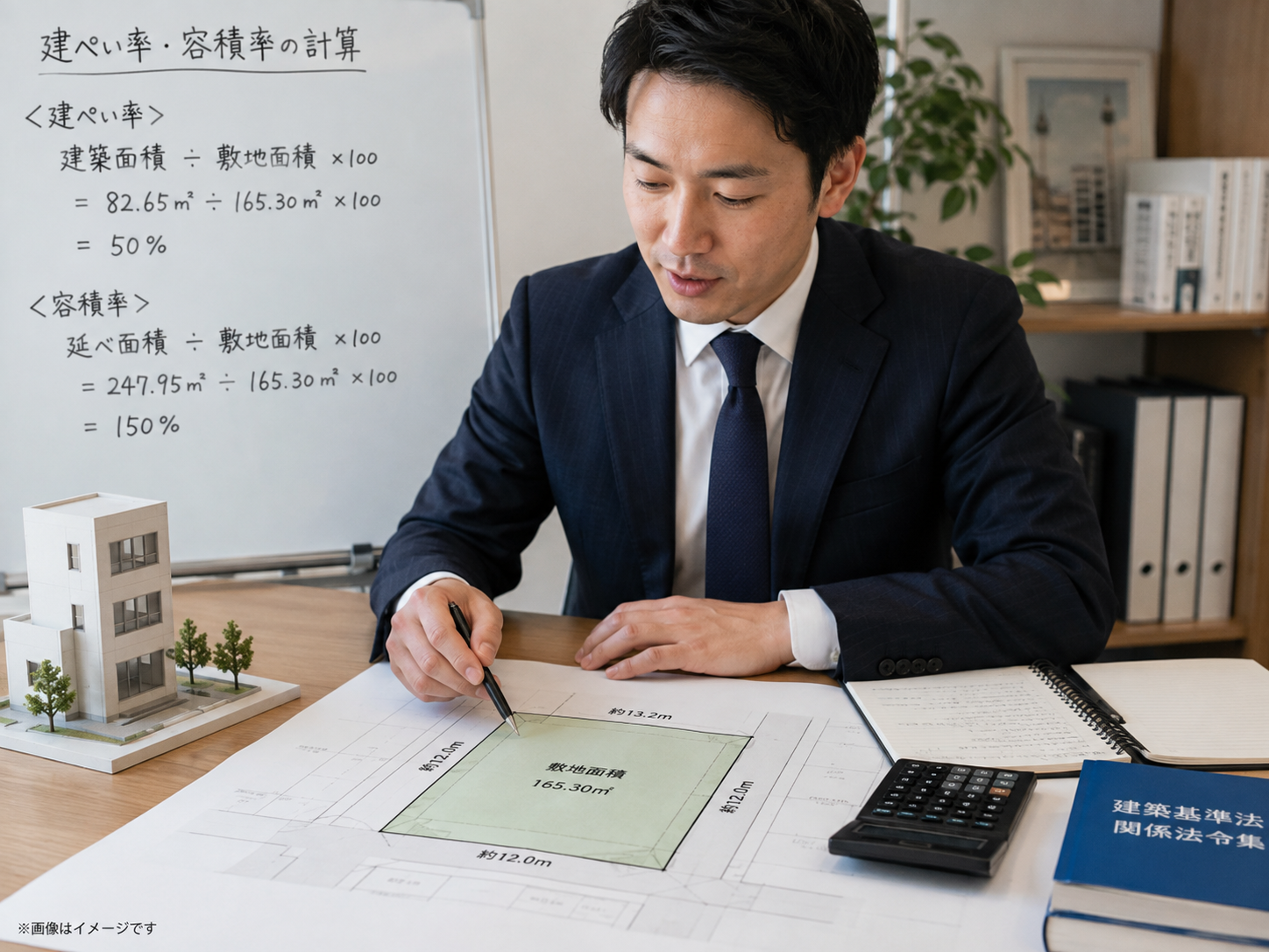 敷地面積と建ぺい率・容積率から建築可能な床面積を計算するイメージ
