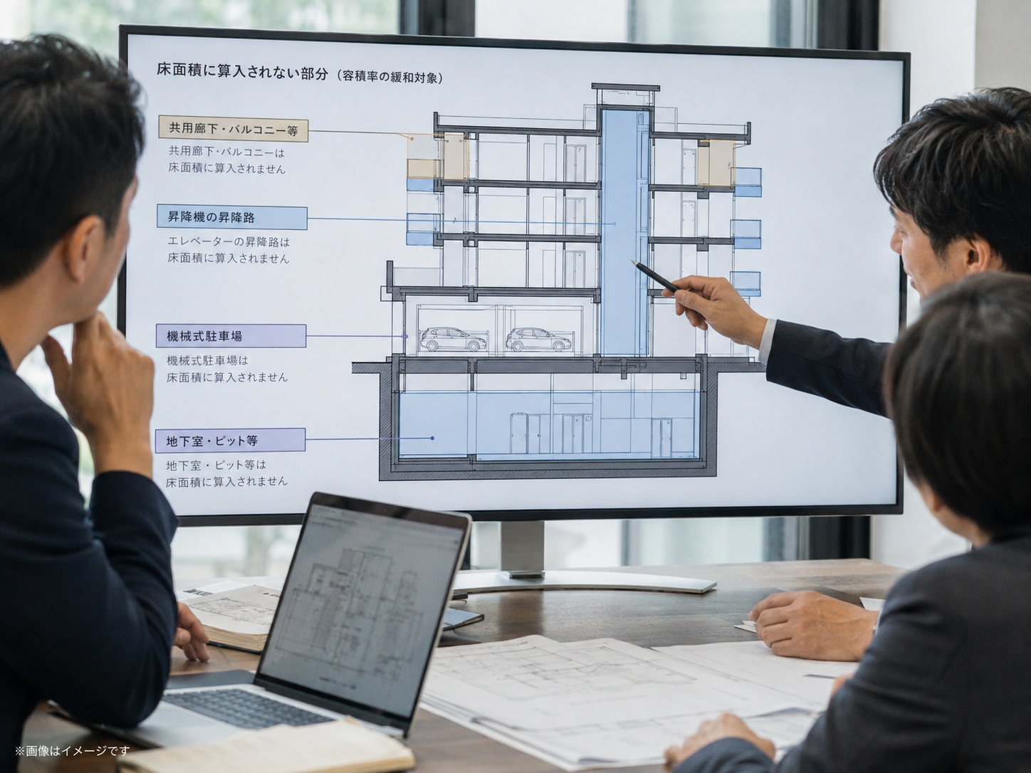 一つの敷地が容積率200パーセントと400パーセントの区域にまたがり面積按分するイメージ