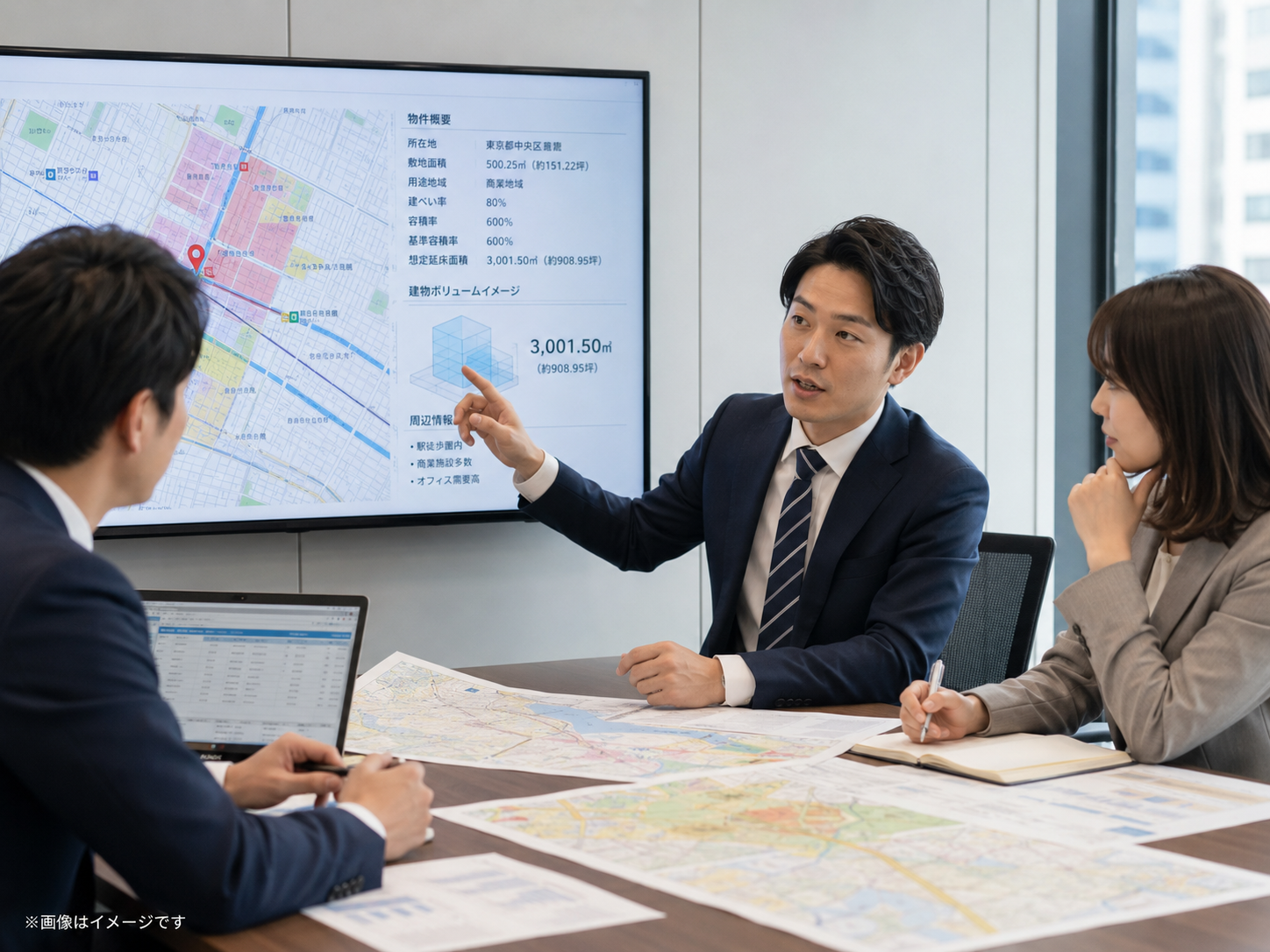 地図上で容積率・建ぺい率・用途地域・所有者情報を確認して土地活用候補を比較するイメージ