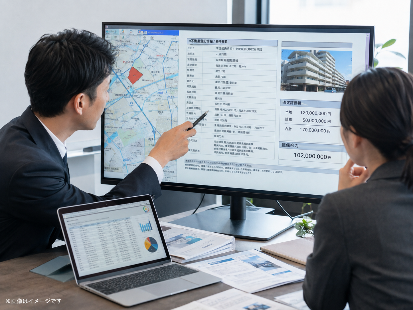 地図と登記簿の抵当権情報から金融機関の融資営業候補を分析するイメージ