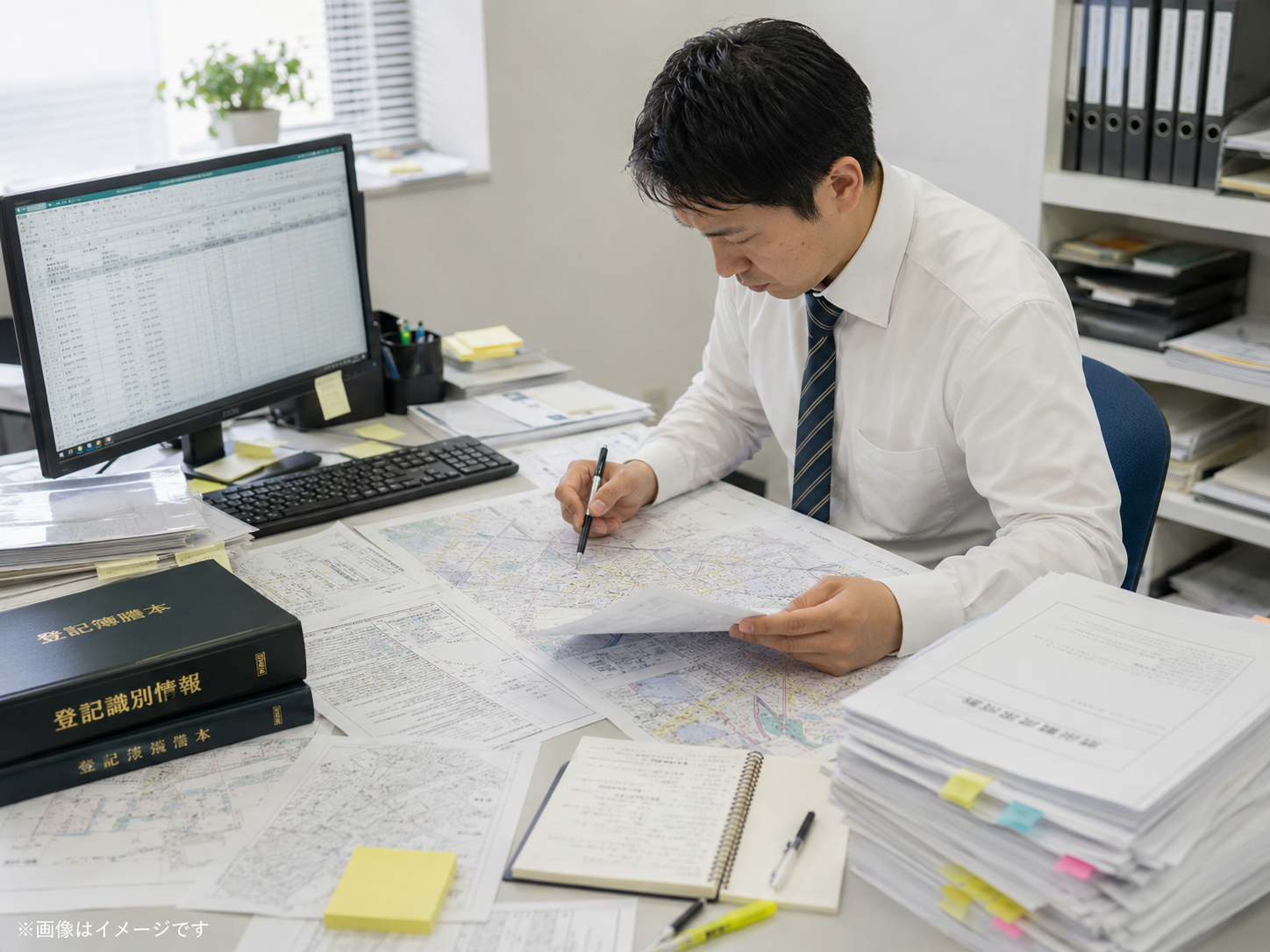 金融機関の担当者が地図・地番・登記簿・Excel・都市計画図を別々に確認する手作業のイメージ