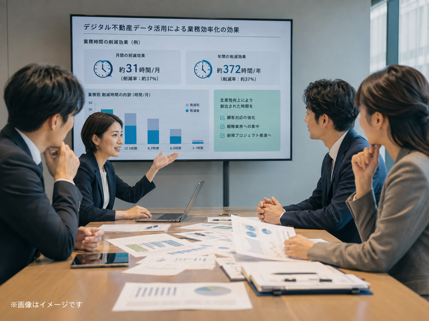 金融機関のチームが融資先開拓の調査工数と人件費を比較し業務改善を検討するイメージ