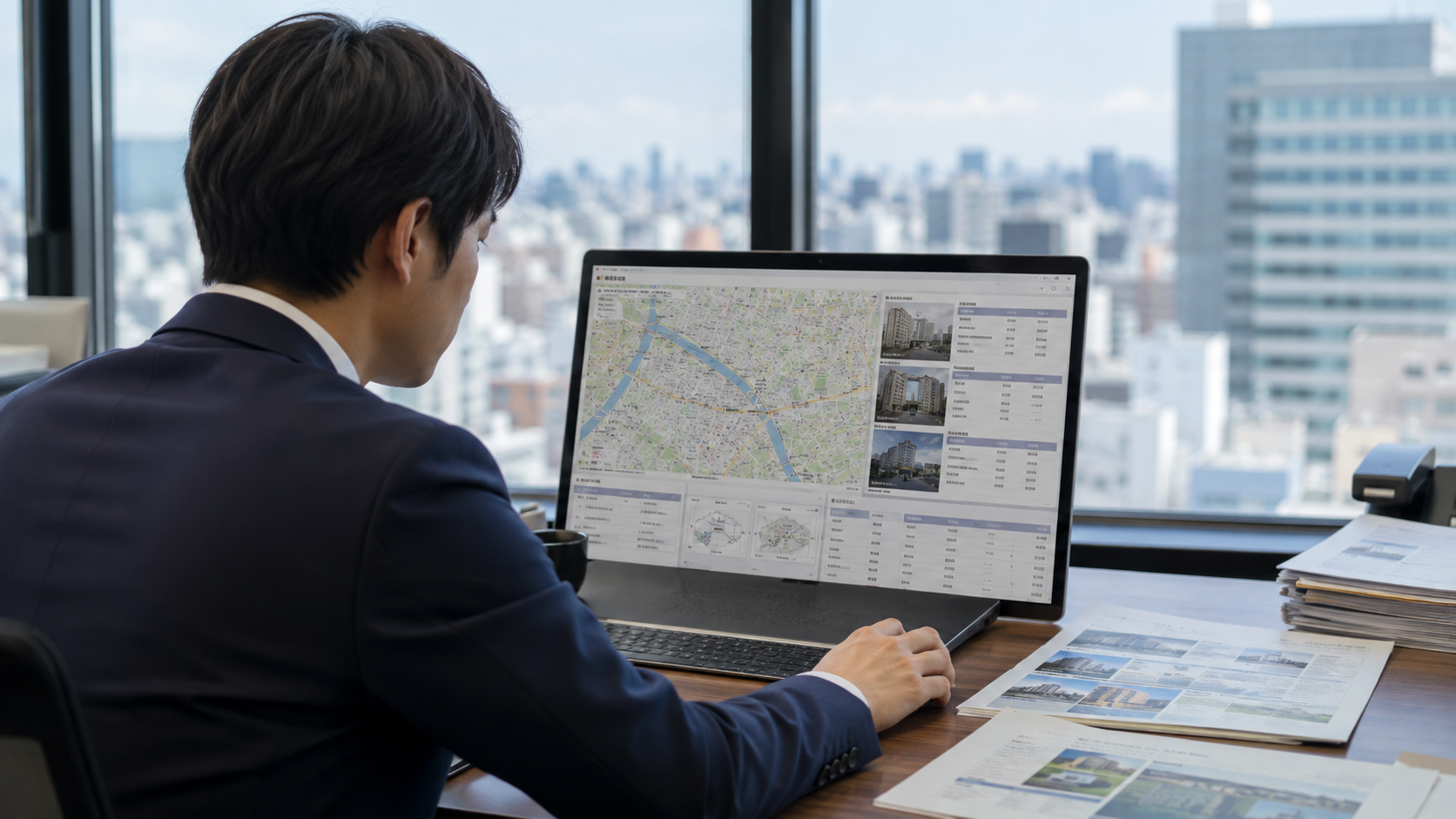 地図と登記情報を使って相続関連の不動産を調査するイメージ