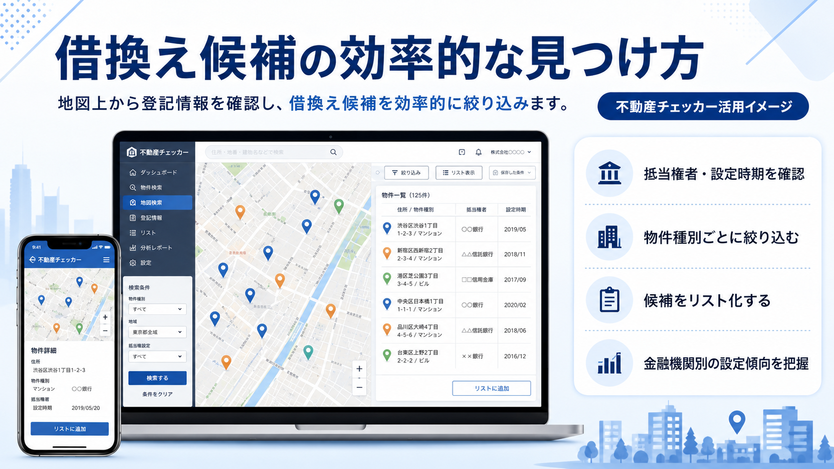 地図から抵当権者と設定時期を確認し借換え候補をリスト化する不動産チェッカー活用イメージ