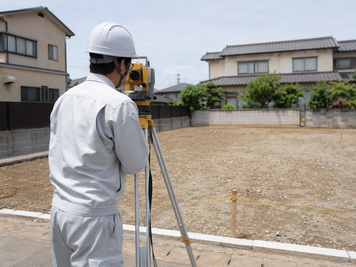 土地家屋調査士が現地で土地境界と測量点を確認する実写イメージ