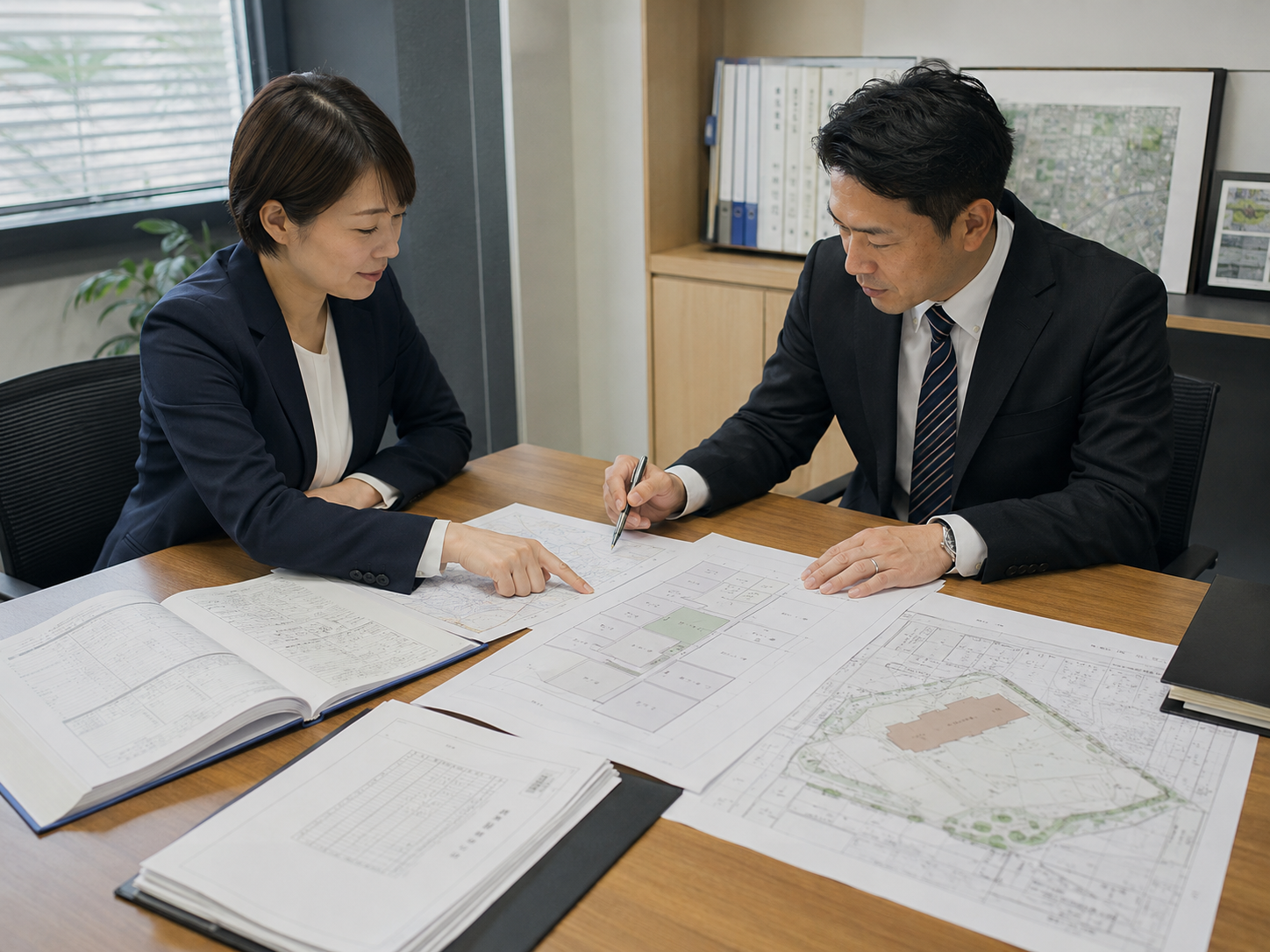 公図と地積測量図と登記事項証明書を並べて対象土地を確認する実写イメージ