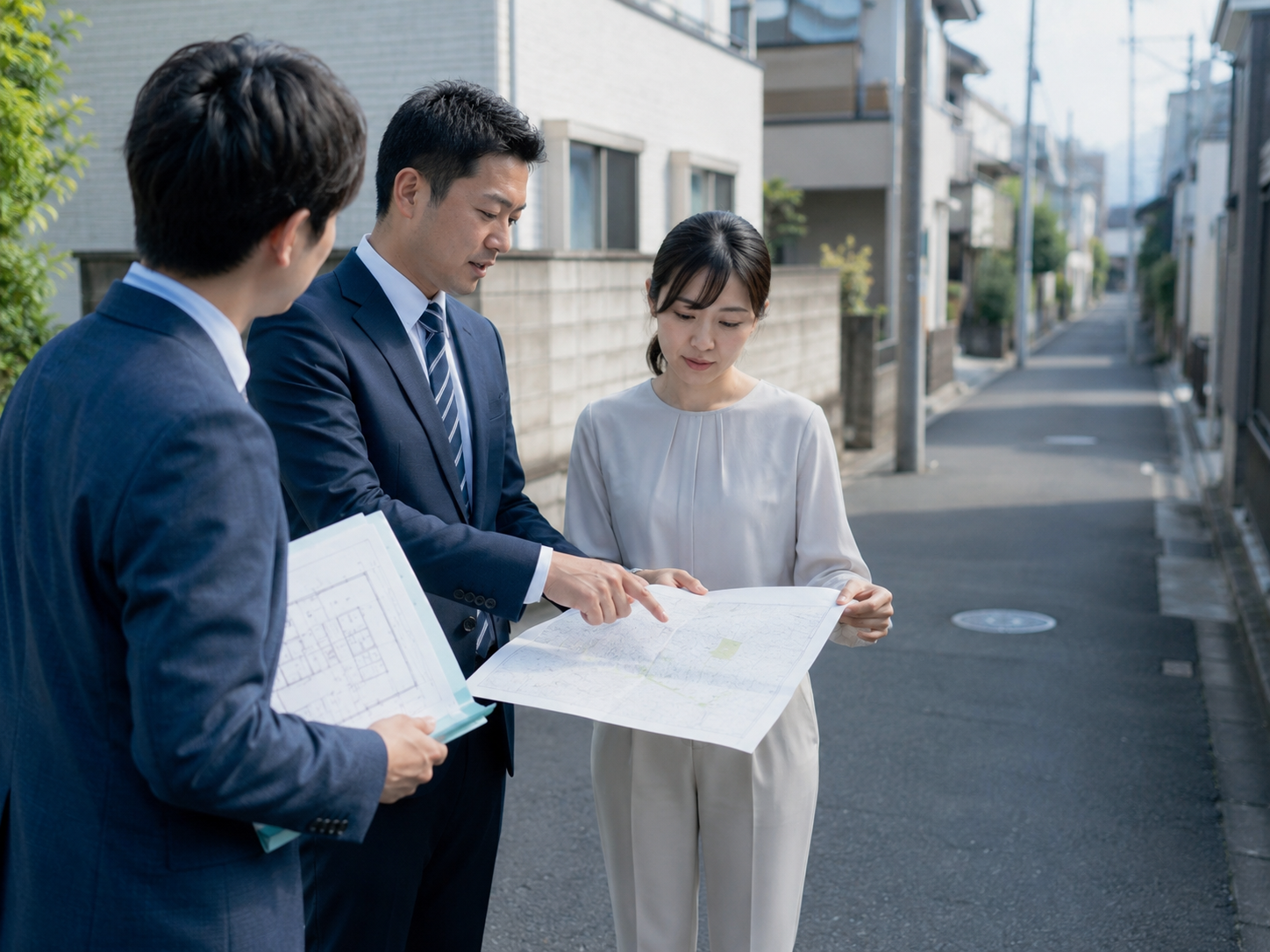 狭い住宅街の道路と建物後退を象徴的に表現した実写イメージ