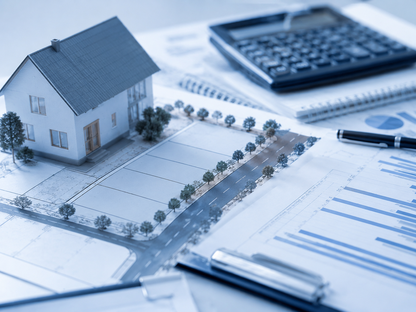 住宅模型と道路条件を示す資料を使って担保価値を検討する抽象的なイメージ
