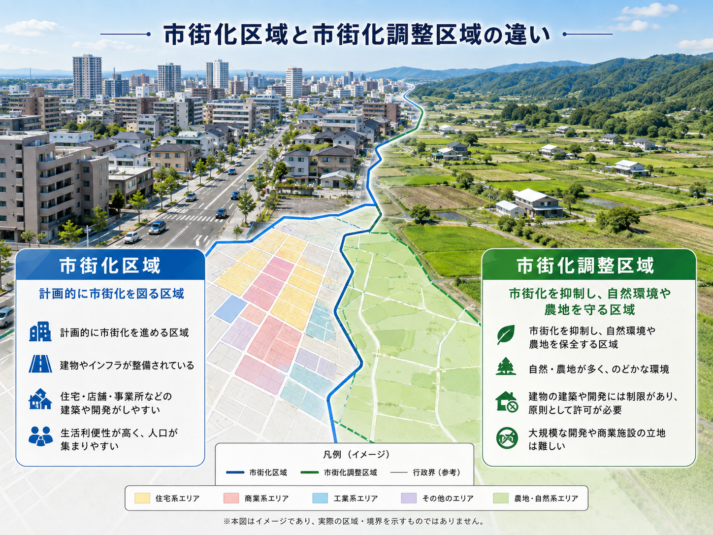 市街化区域と市街化調整区域の違いを市街地・住宅・農地・緑地で比較する図