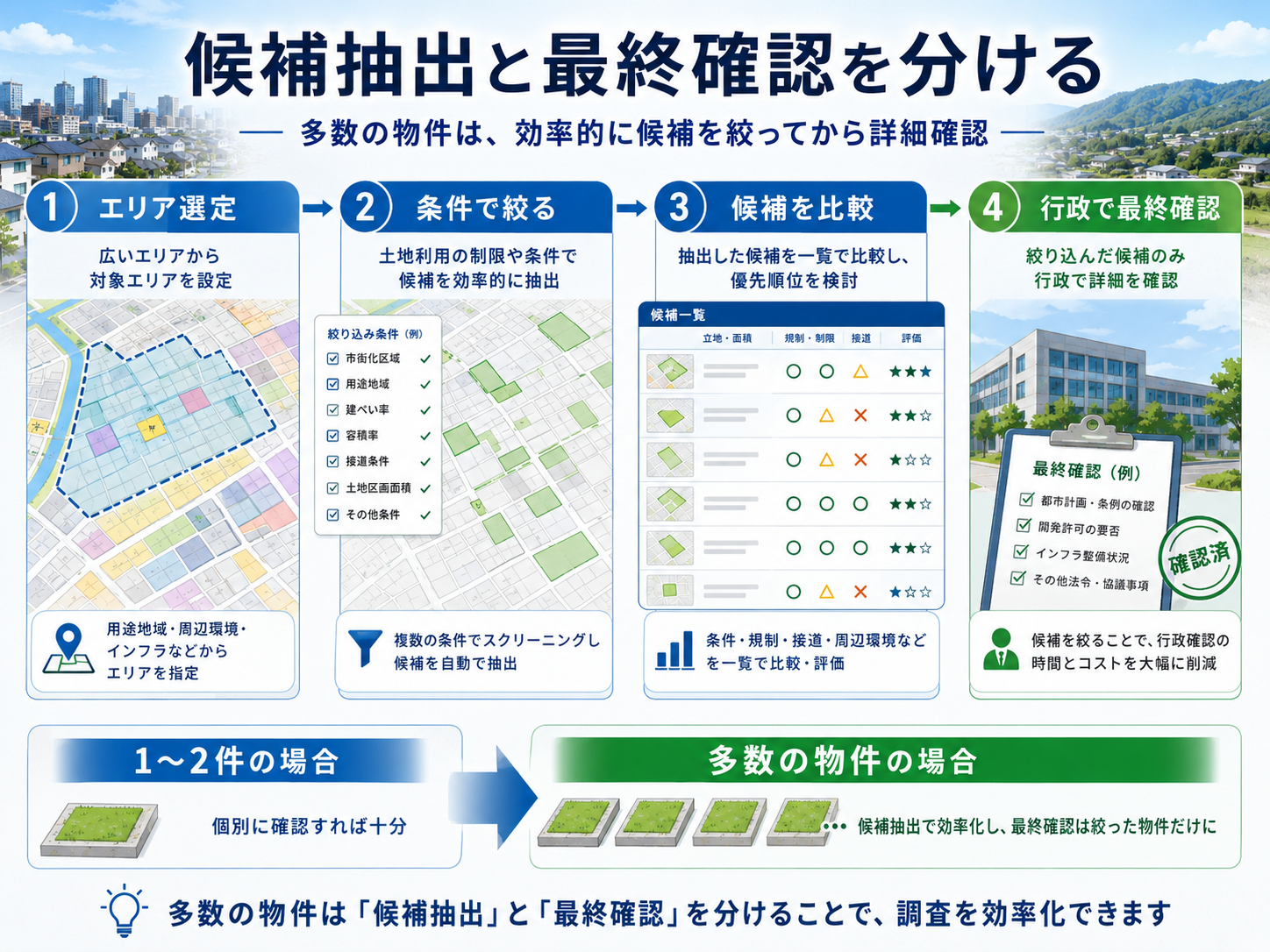 1件の都市計画調査と100件の用途地域・登記・所有者情報の一括調査を比較するイメージ