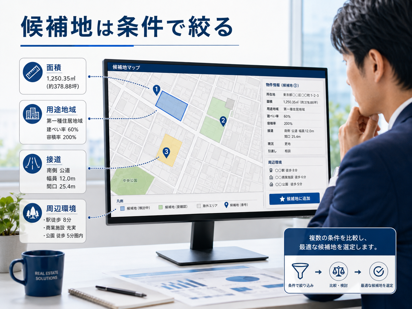 空き地や駐車場を1件調べる場合と100件の仕入れ候補を調べる場合の作業量を比較する図