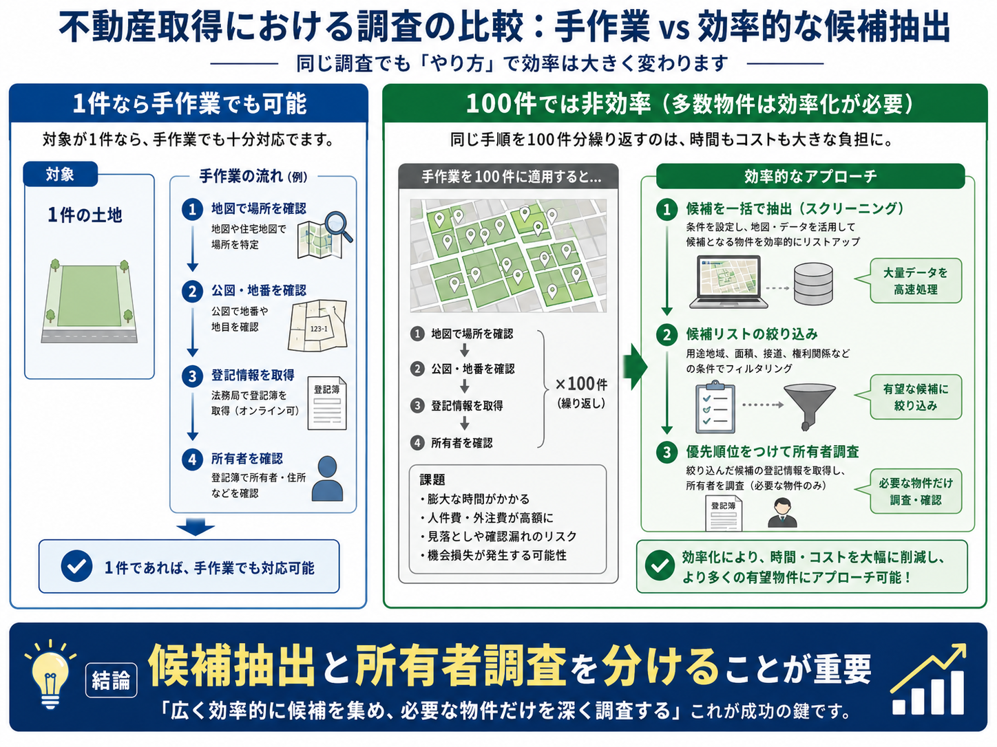 不動産仕入れでエリア選定、条件絞り込み、候補比較、登記確認、行政で最終確認する流れ