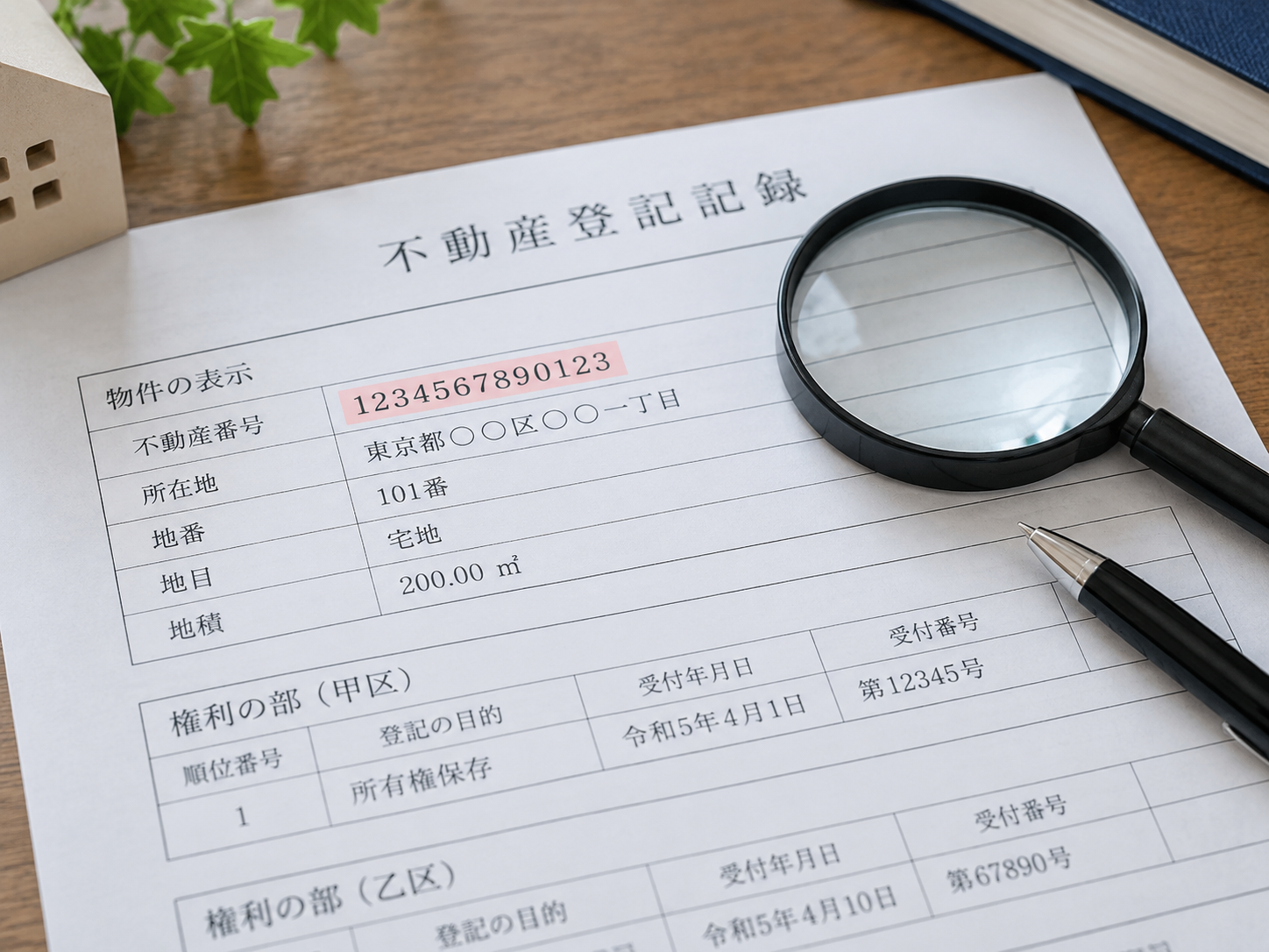 不動産番号・地番・家屋番号・住所の役割の違いを整理するイメージ
