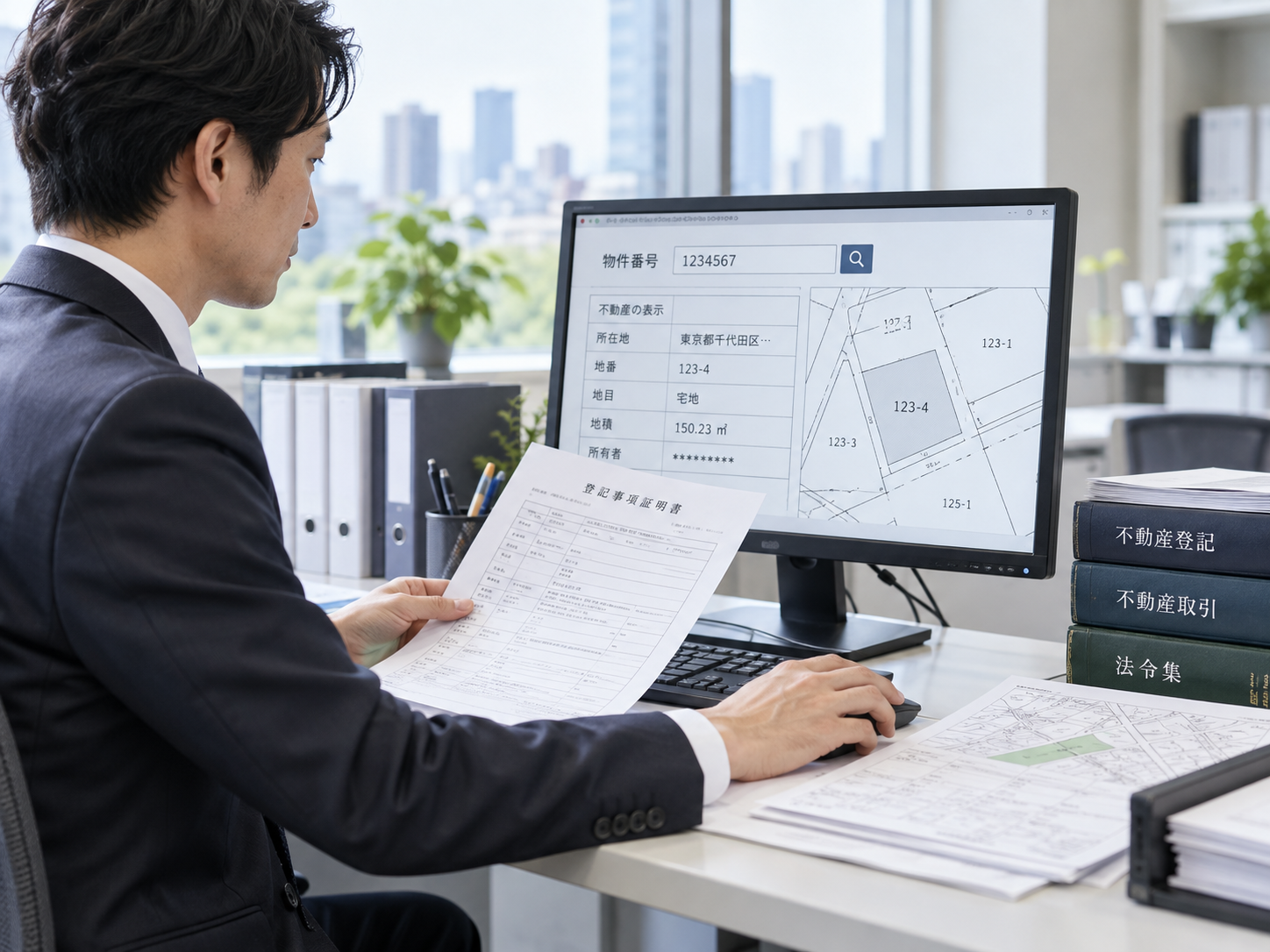 複数の土地・建物の登記情報を地図と一覧で管理する不動産調査業務のイメージ