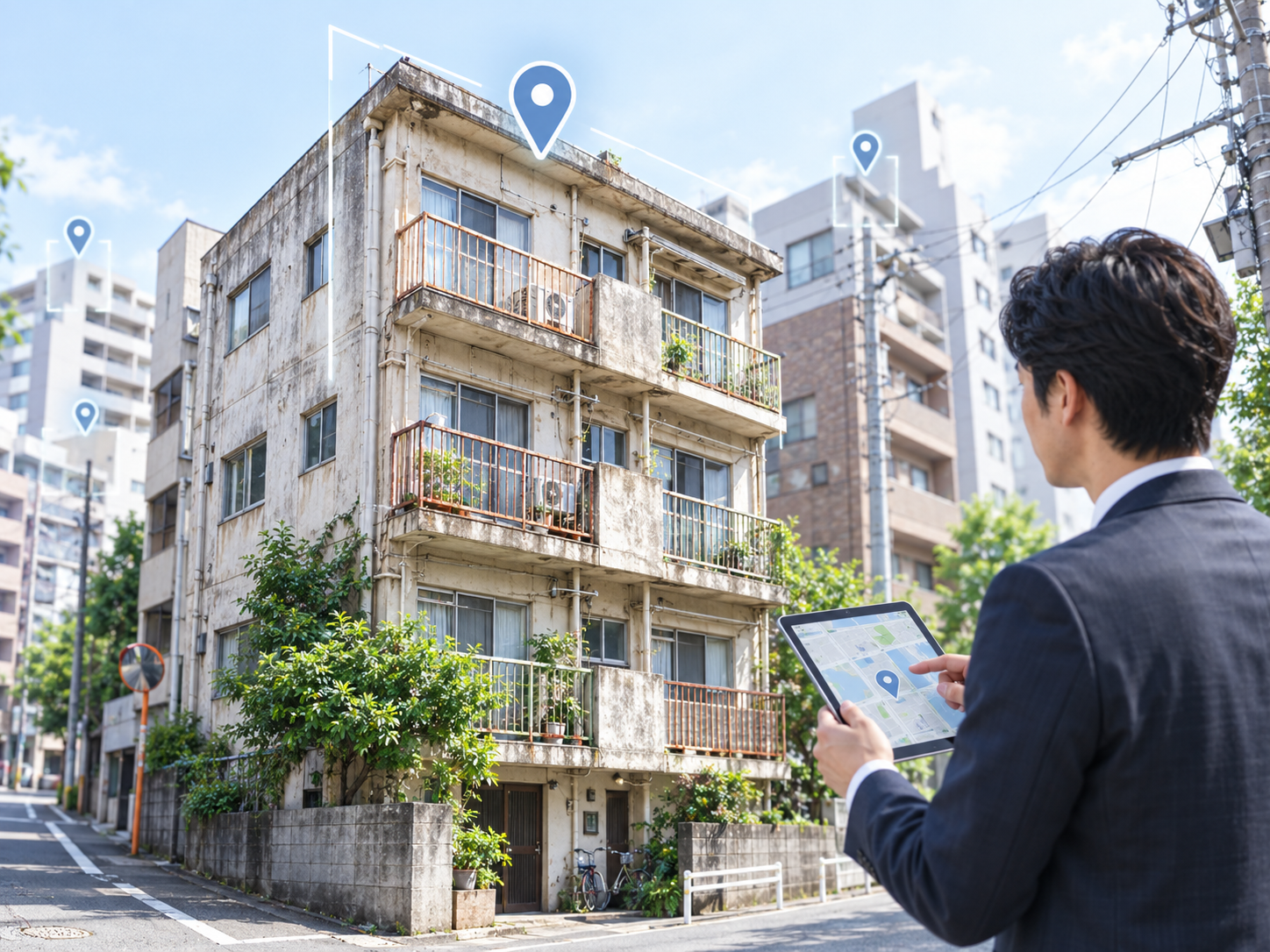 地図上で築年数が進んだアパート候補を抽出する不動産営業のイメージ