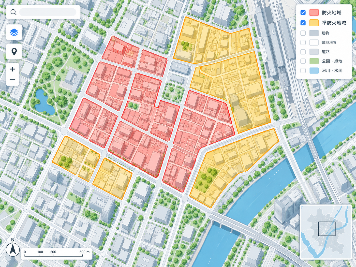 都市計画図上で防火地域と準防火地域の指定範囲を色分けして確認するイメージ