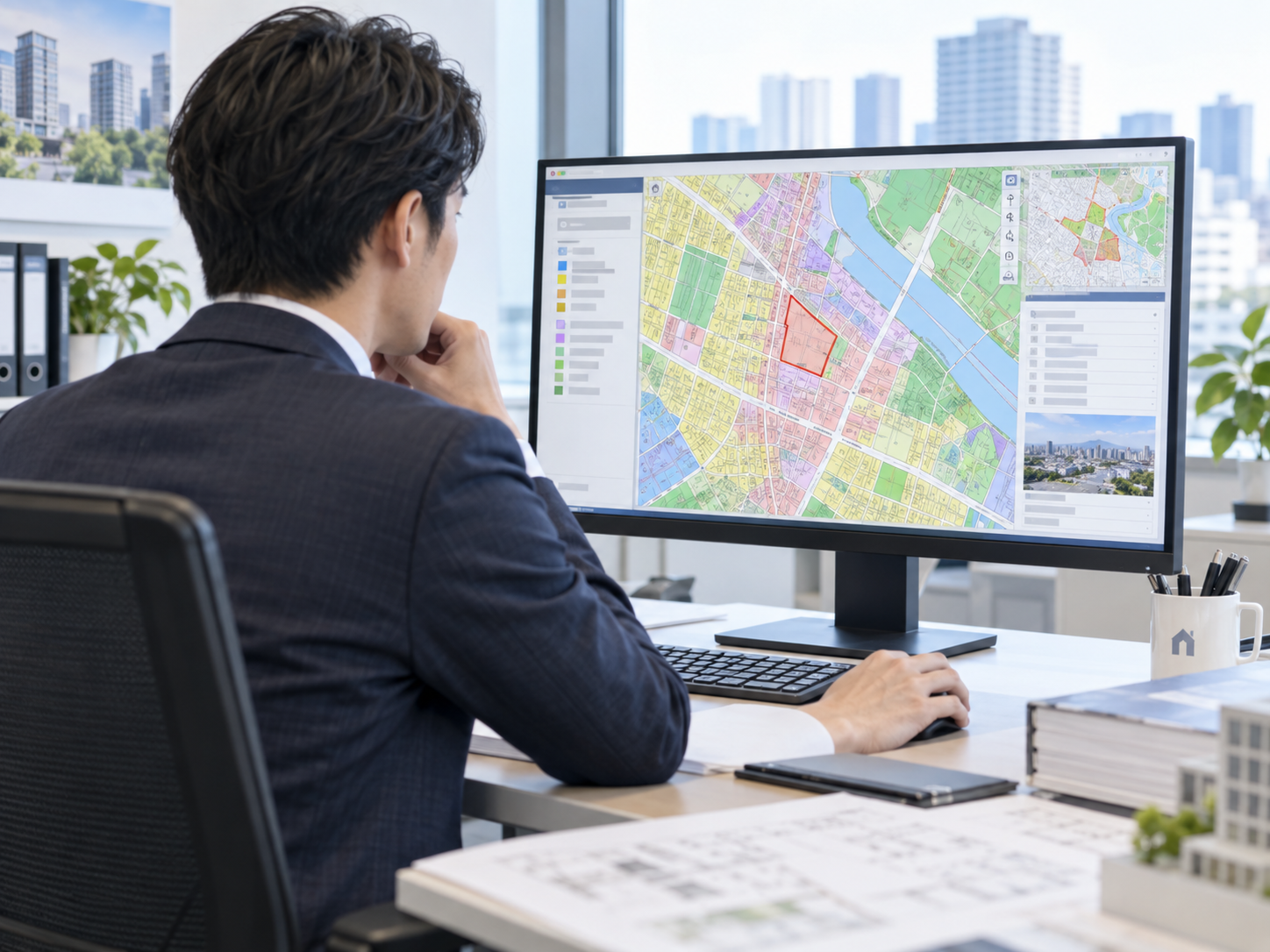 複数の土地候補を地図上で比較し都市計画情報と登記情報を確認する不動産調査のイメージ