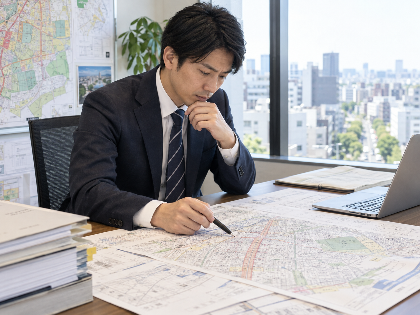 都市計画図上で都市計画道路の計画線と対象地の位置関係を確認するイメージ